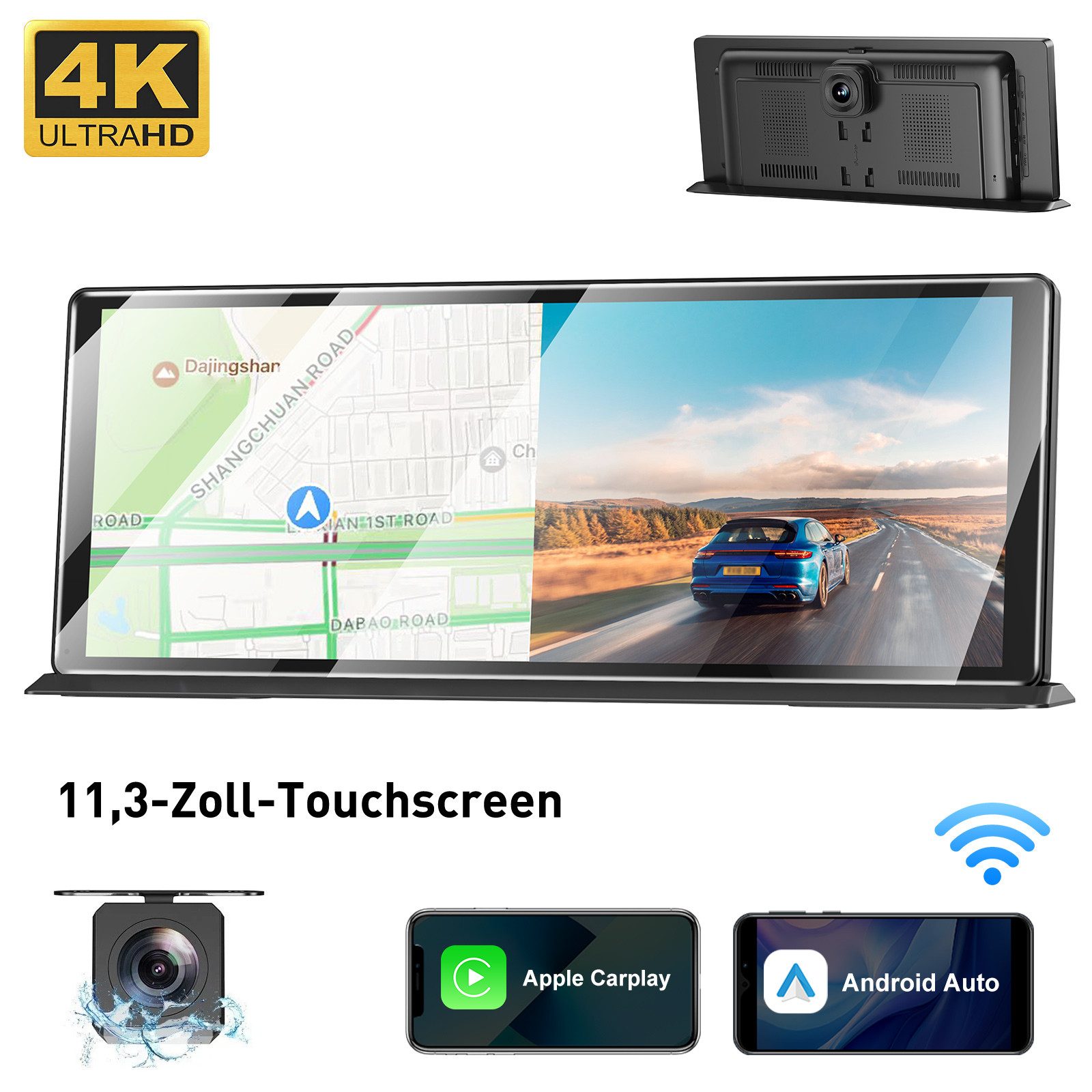 ESSGOO 11,3" Tragbares 4K Android Auto Touchscreen kabellos BT CarPlay Navigationsgerät (Mit Bluetooth Freisprecheinrichtung AM FM Fernbedienung DAB+ RDS)