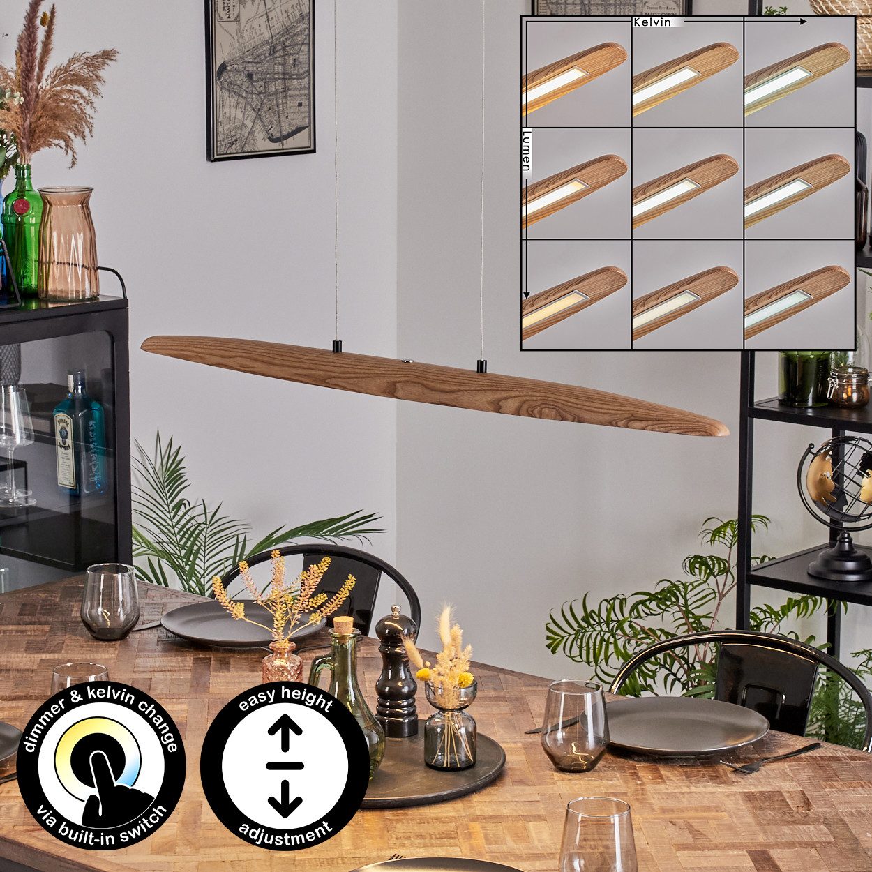 hofstein Pendelleuchte dimmbare Pendellampe aus Metall/Holz/Kunststoff in Schwarz/Natur/Weiß, ohne Leuchtmittel, HängeRetro mit Holzbalken und Touchdimmer, CCT, Höhe max. 152 cm