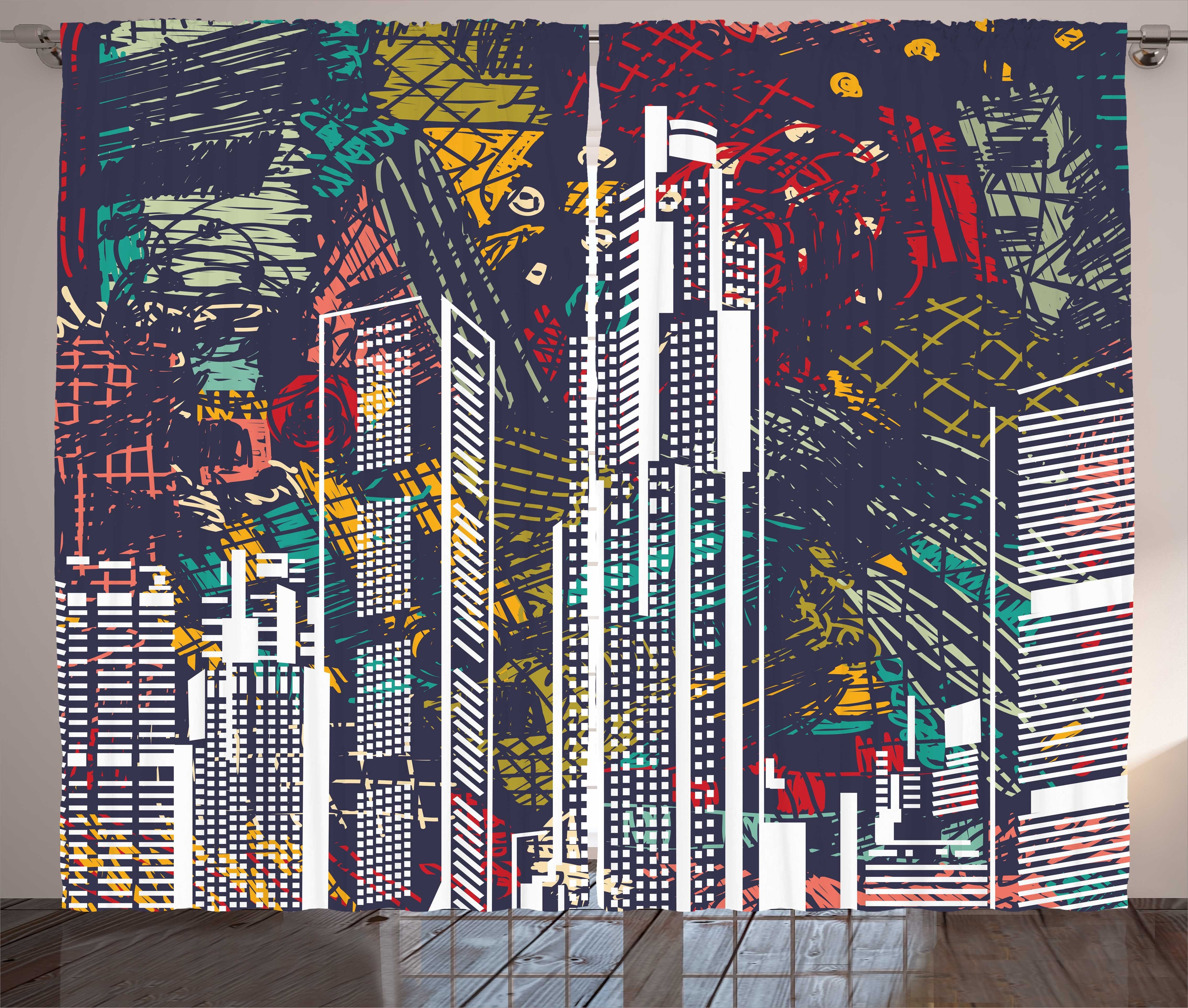 Haken, Abstrakte und Abakuhaus, Städtisch Kräuselband Schlafzimmer Stadtszene Gardine Schlaufen Grafik mit Vorhang