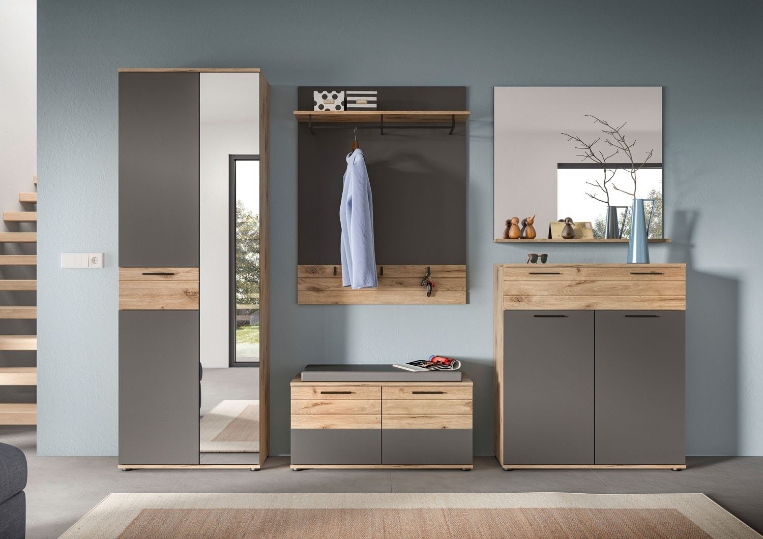 xonox.home Garderobenschrank MASON, Nox Eiche Dekor, B 70 cm, T 37 cm, Basaltgrau, 2 Türen, mit Spiegel