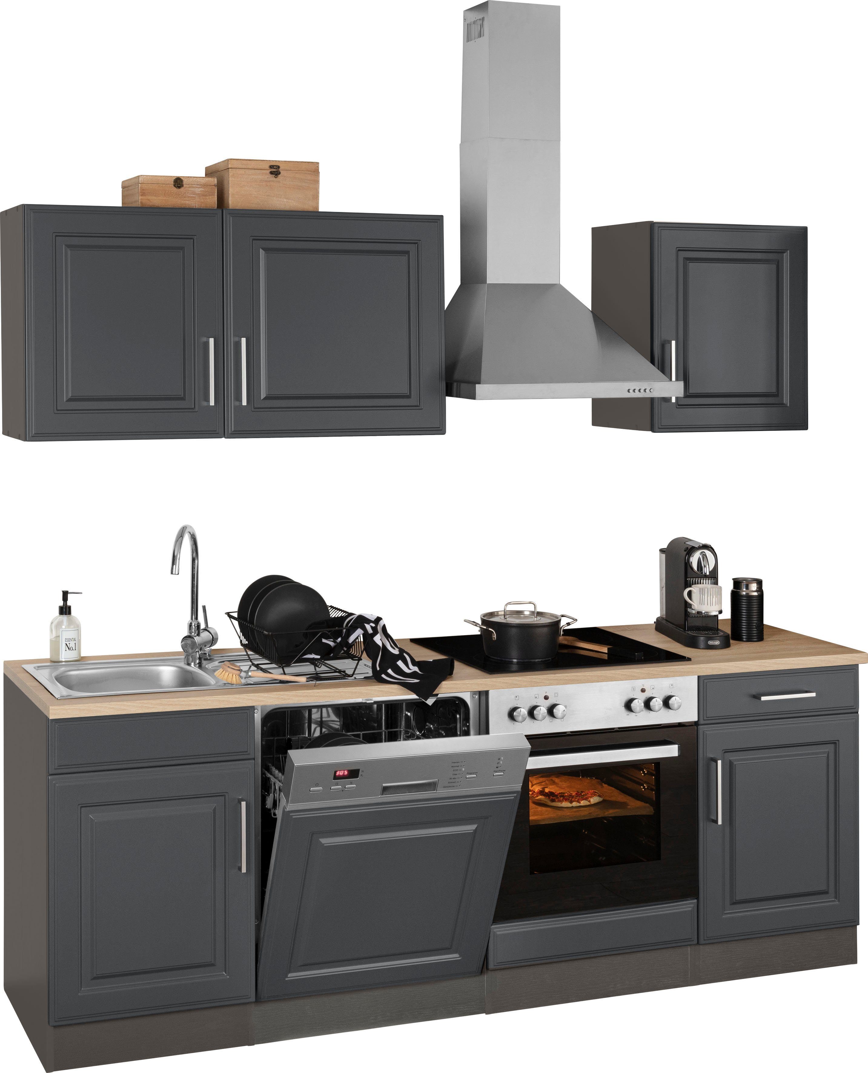 Coin cuisine Kitchenette KS-Stockholm – Cuisine avec façades de style campagnard de haute qualité et aux finitions soignées, largeur 220 cm, avec électroménager en option, façades en MDF