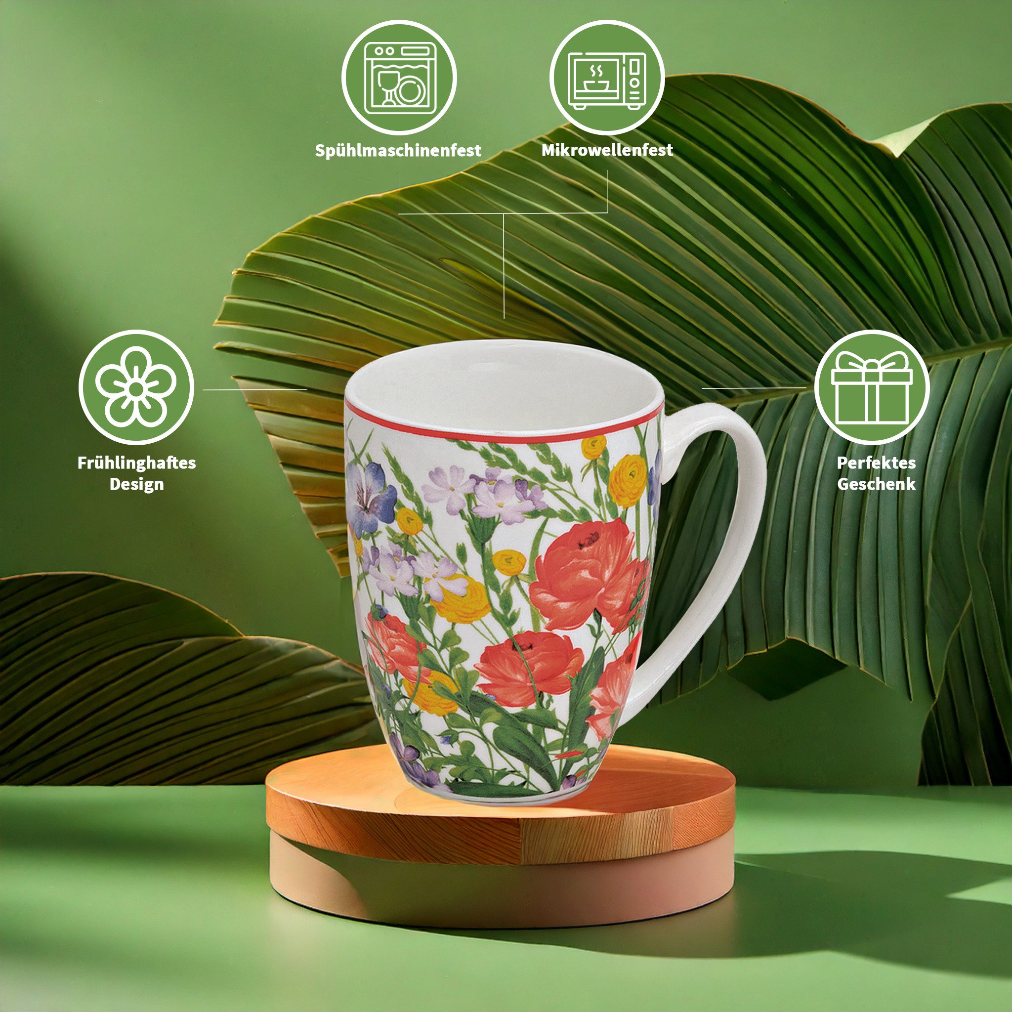 matches21 HOME & HOBBY Tasse Teetassen 2er Set mit Deckel und Teesieb Blumen Mohn, 2-tlg., Porzellan, Tee Kaffee-Becher Kaffeetassen, klassisch, bunt, 300 ml – Bild 3 von 5