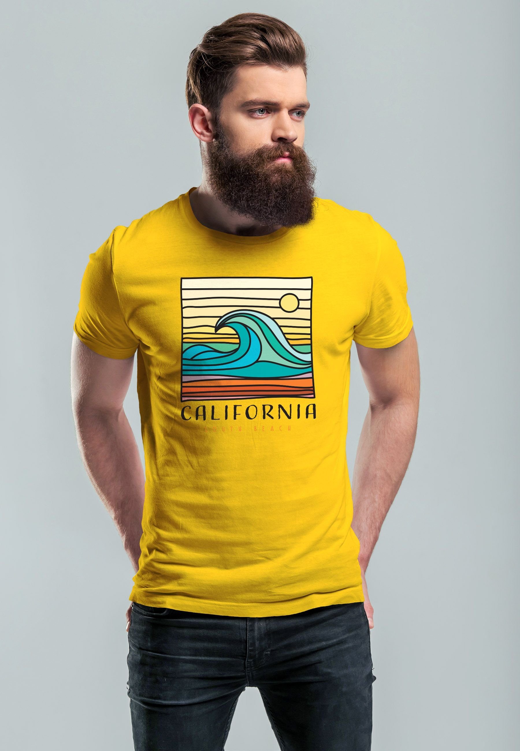 Wave Herren Print Beach Print T-Shirt Print-Shirt South mit California Welle Aufdruc Neverless gelb Surfing