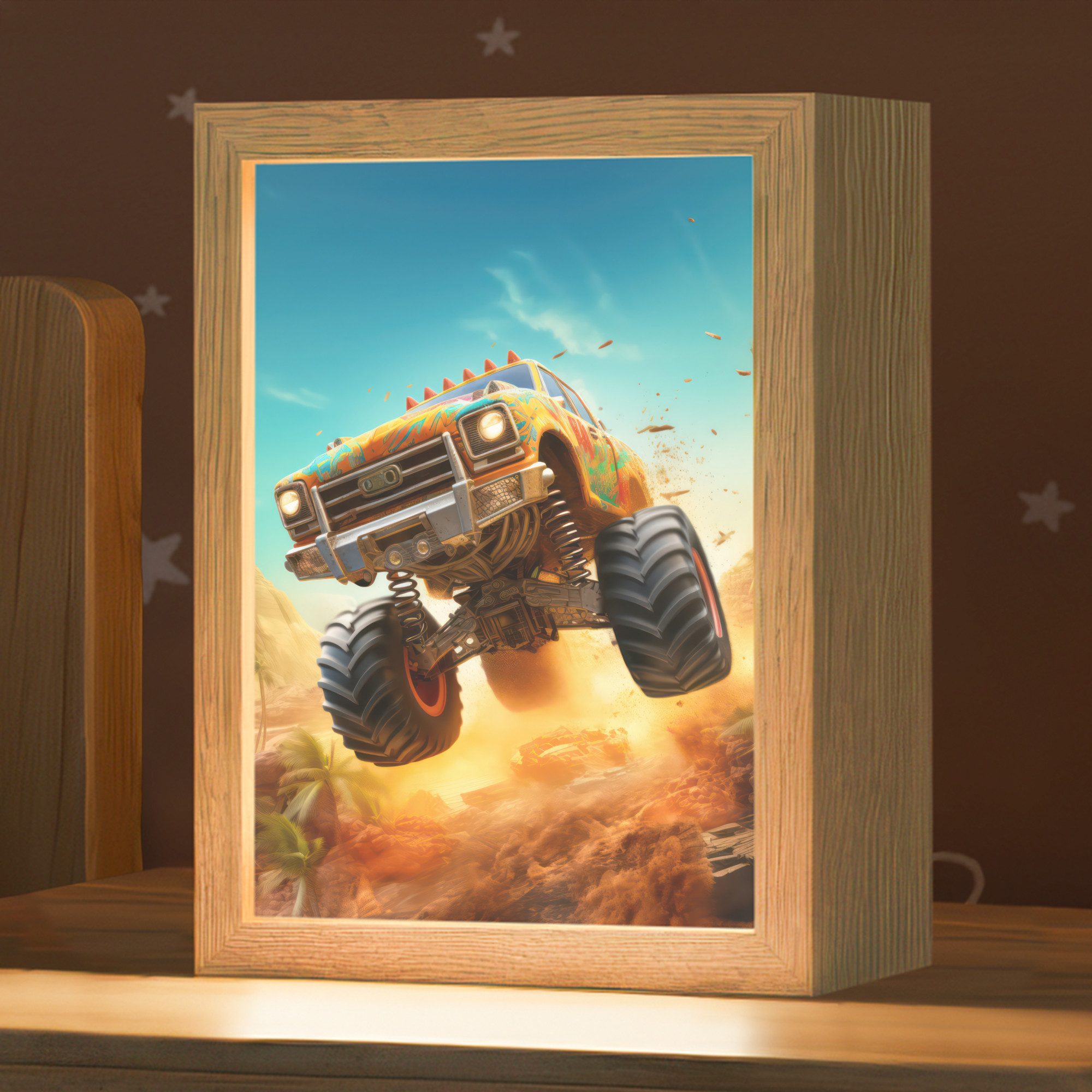 OnlyWow Nachttischlampe Lightbox Monstertruck - Kind - Junge - Auto - Jungen, Dimmbar, Farbwechsel, LED, Warmweiß, Kaltweiß, Neutralweiß Einstellbar, Kinderzimmer, Babyzimmer, Dimmbar, mit Kabel, Nachtlampe, LED