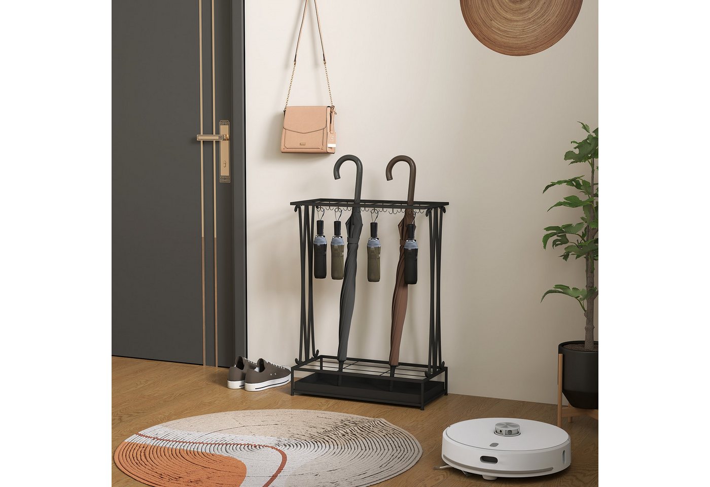HOMCOM Schirmständer Regenschirmständer Stahl mit 24 Haken, 21 Löchern (Rechteckiger Schirmhalter, 1 St., Regenschirmständer Stahl), für Gehstöcke & Regenschirme 50 x 24 x 68 cm Schwarz