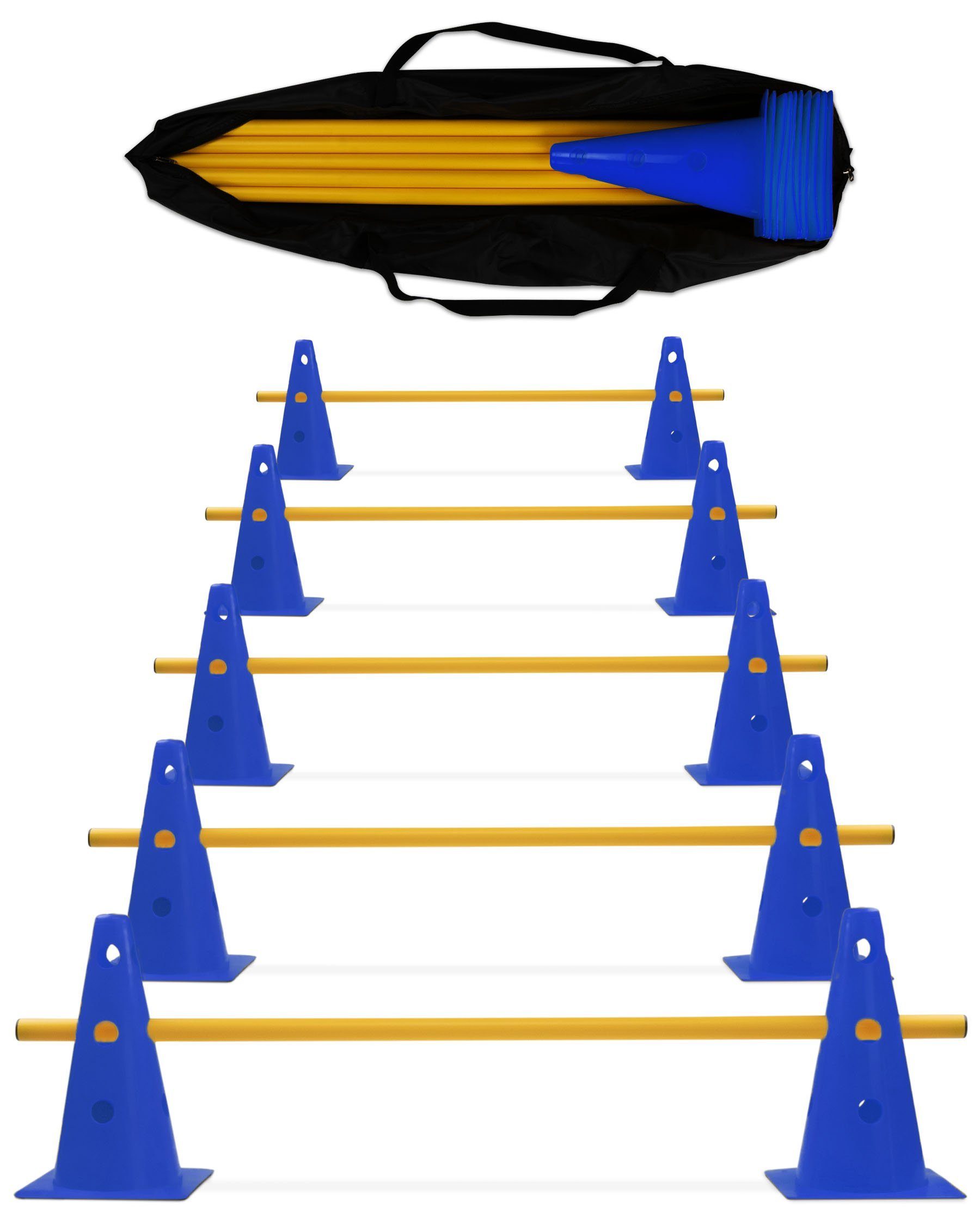 Agility-Hürde 5 x Cavaletti Kegel-Hürde mit Stange 100 cm und Tragetasche Farbe Blau
