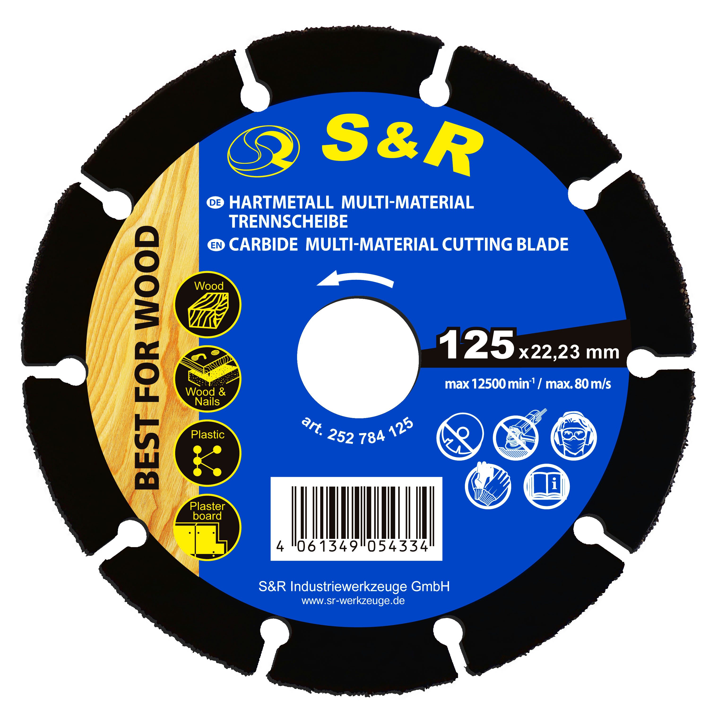S&R Diamanttrennscheibe Karbid Hartmetall Trennscheibe 125 x 22,23 mm, Multi-Material für alle, Ø 125 mm, Arten von Holz, Holz mit Nägel, Plastik und Gipskarton