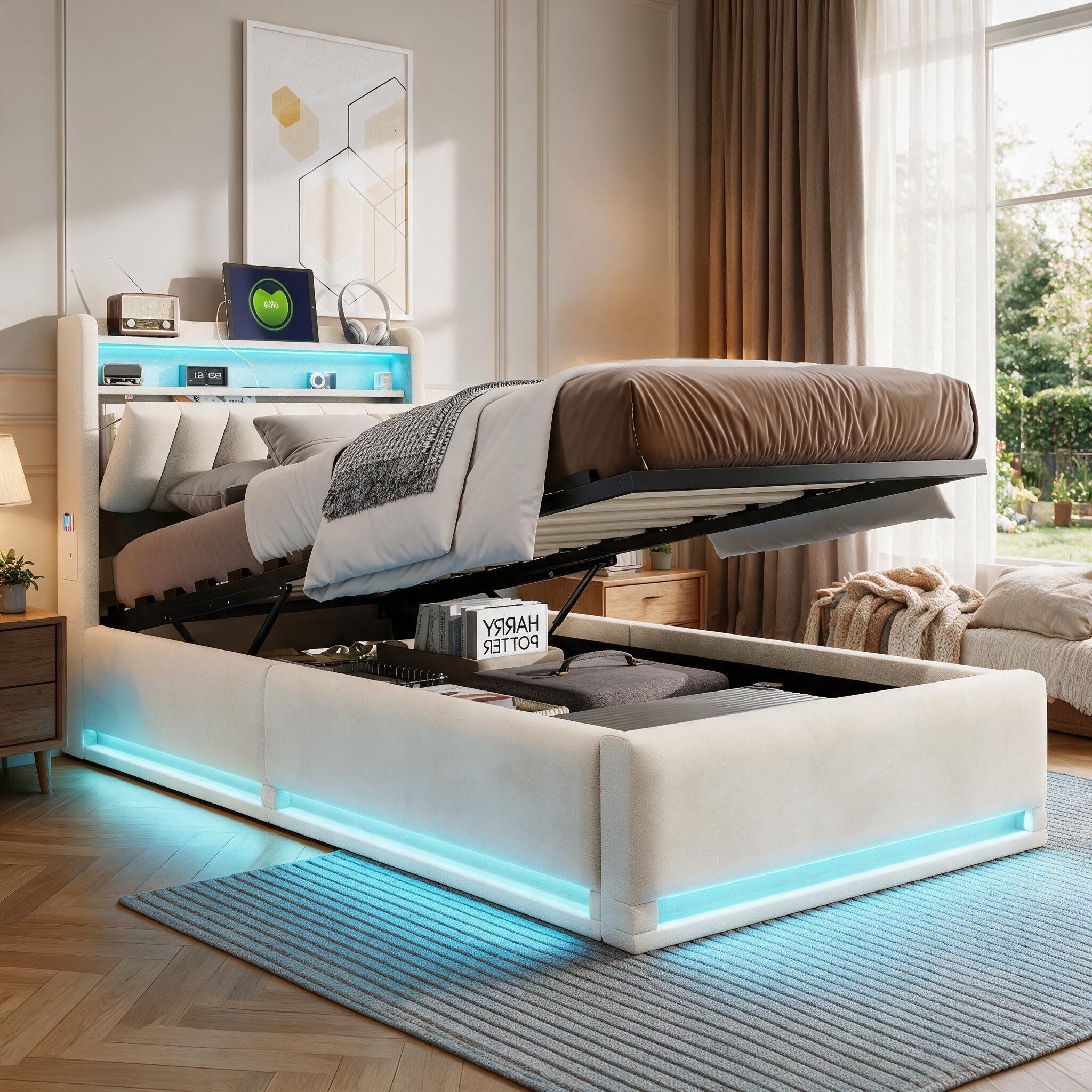 Simurq Stauraumbett Einzel‑Bettkasten 90x200, gepolstert aus Samt, mit Stauraum, LED, USB