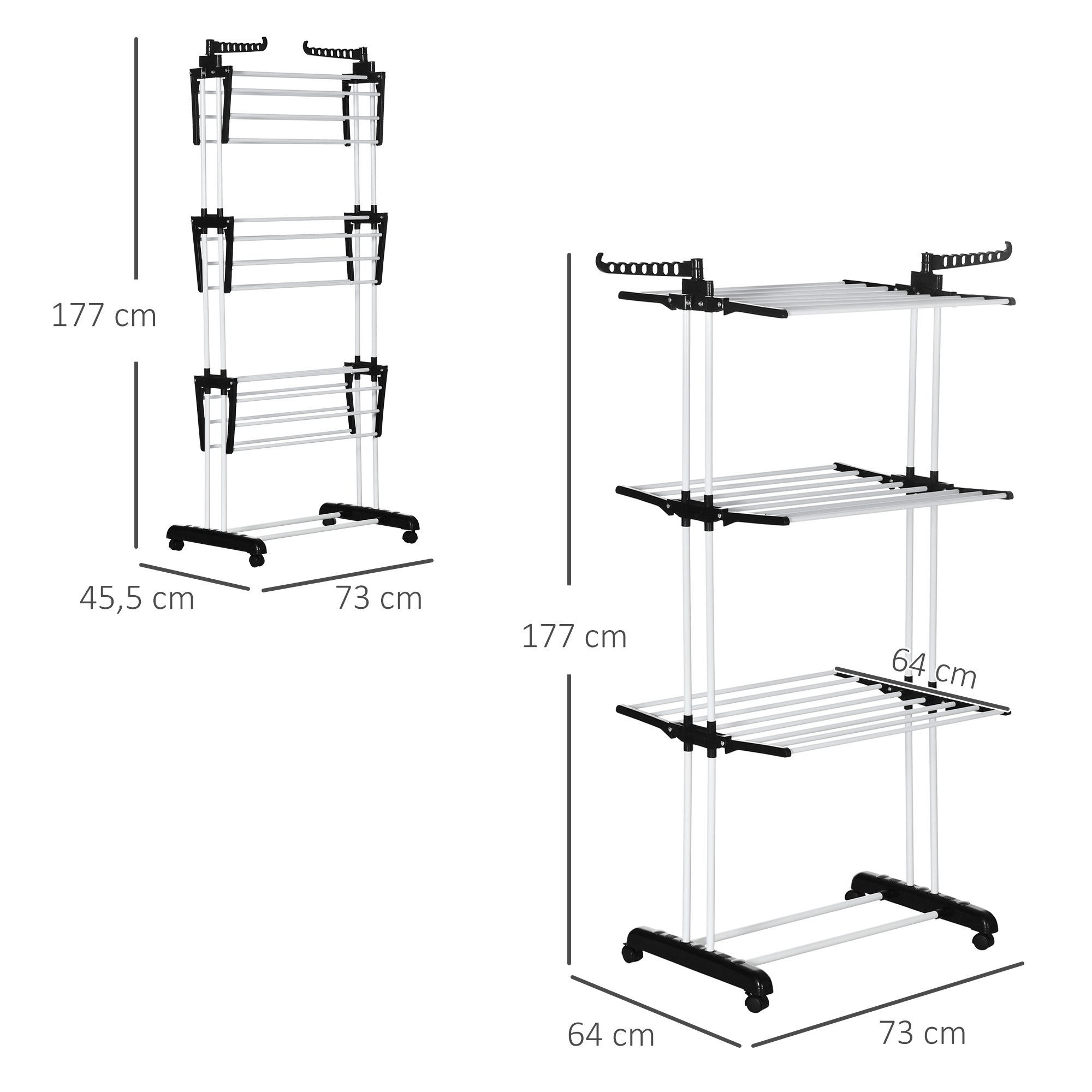 HOMCOM Wäscheständer Trockengestell mit Rollen mit 4 Ebenen, Stahl Schwarz 125 x 64 x 172 cm – Bild 3 von 5