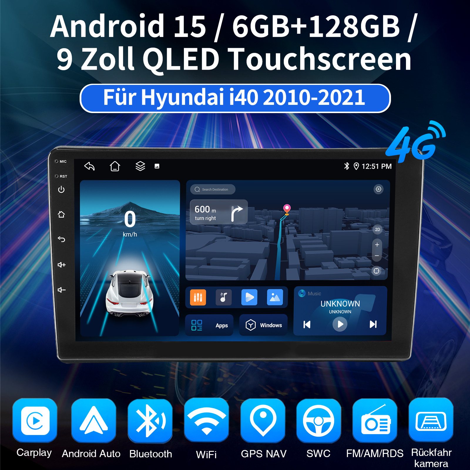 ESSGOO 4G 6+128G Carplay Android15 Autoradio Für Hyundai i40 2011-2019 BT 5.0 Autoradio (DAB+ (optional), DAB (optional), 4G LTE, RDS, AM, FM, 6GB+128GB, Carplay Android Auto Bluetooth EQ USB GPS Navi WIFI Touchscreen)
