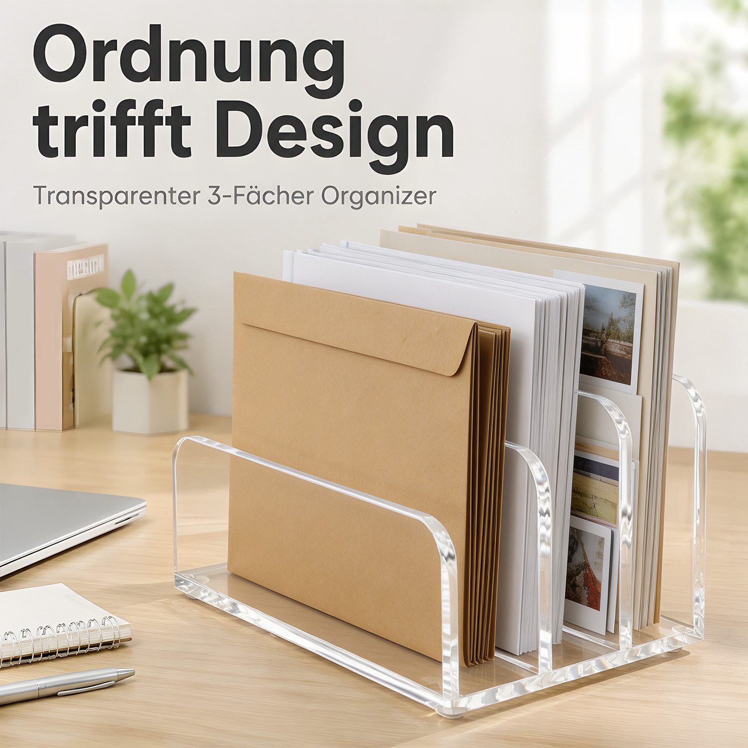 AIMAX Organizer Briefhalter aus Acryl – 3 Fächer Schreibtisch Briefablage/Ablagesystem (Tischaufsatz, Vertikaler Aktenhalter, Brief Organizer, Büro Organizer, 1 – Bild 3 von 5