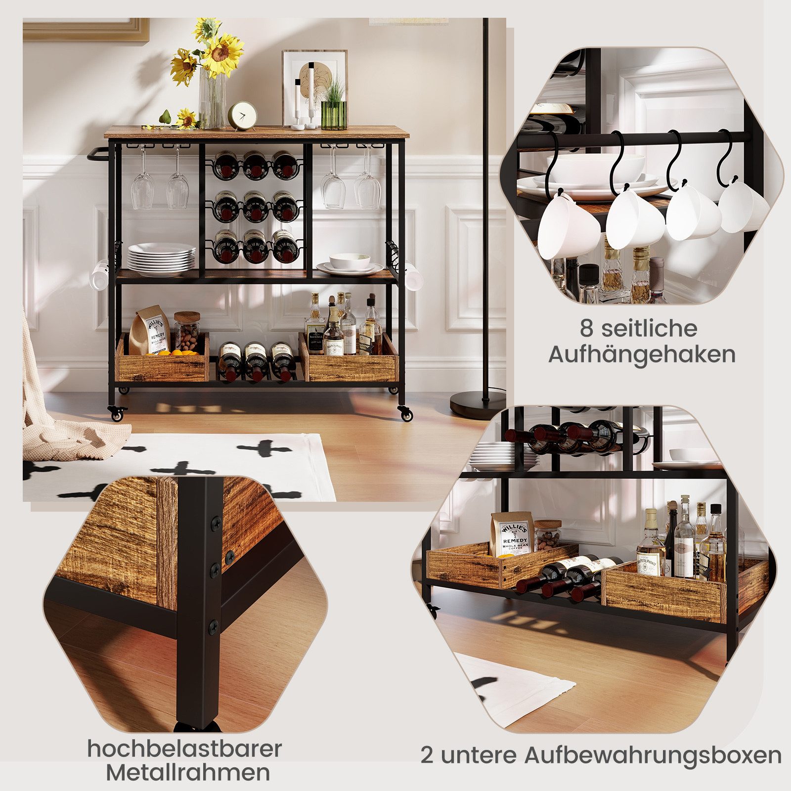 COSTWAY Servierwagen, Küche, mit Rollen, Glashaltern, günstig online kaufen