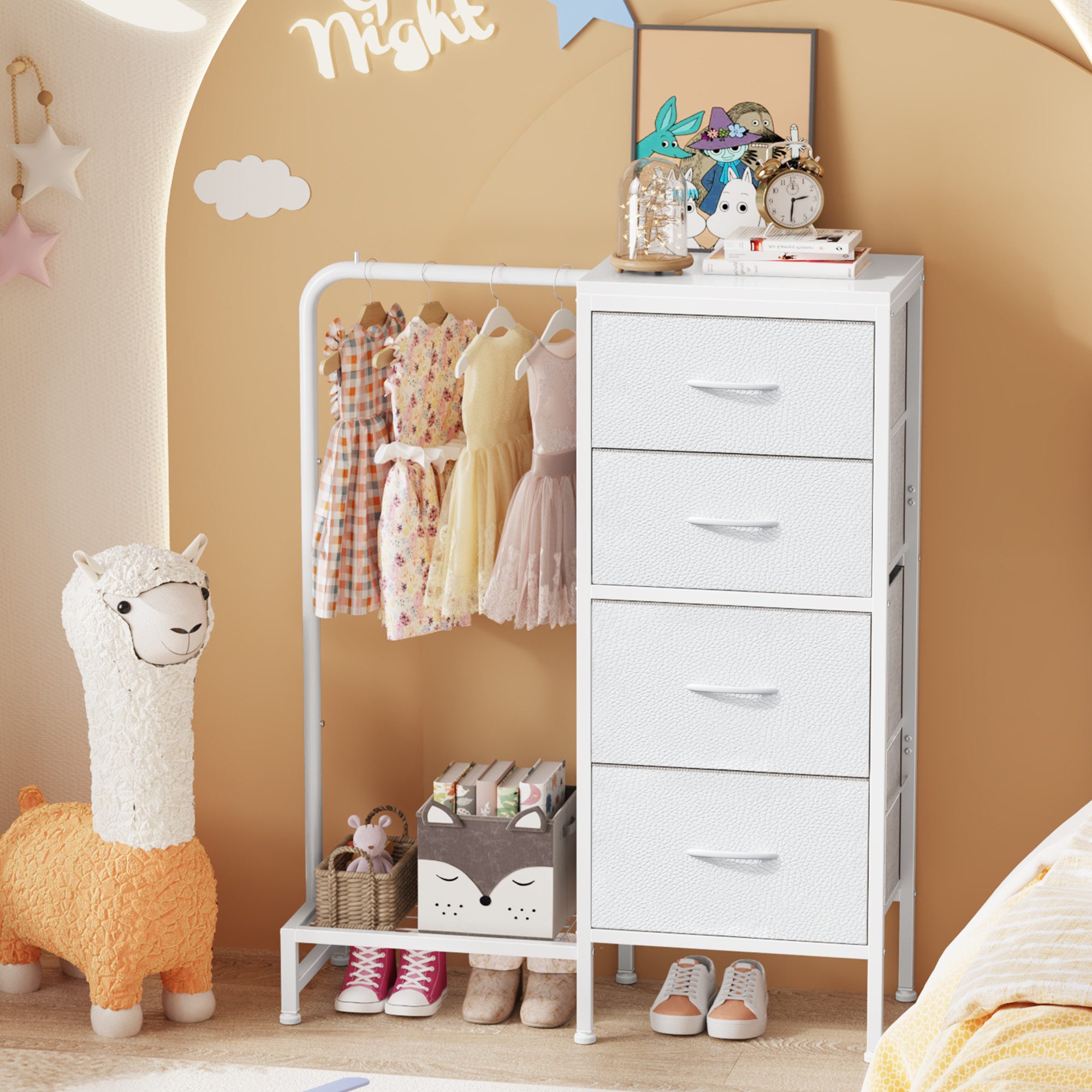 OYRREU Kinderkleiderschrank Kommode mit Kleiderstange & Schuhregal, platzsparend (Aufbewahrungsschrank-Set 1-St., mit 4 Stoffschubladen, Schuhablage) 3-in-1 Organizer Schlafzimmer Garderober
