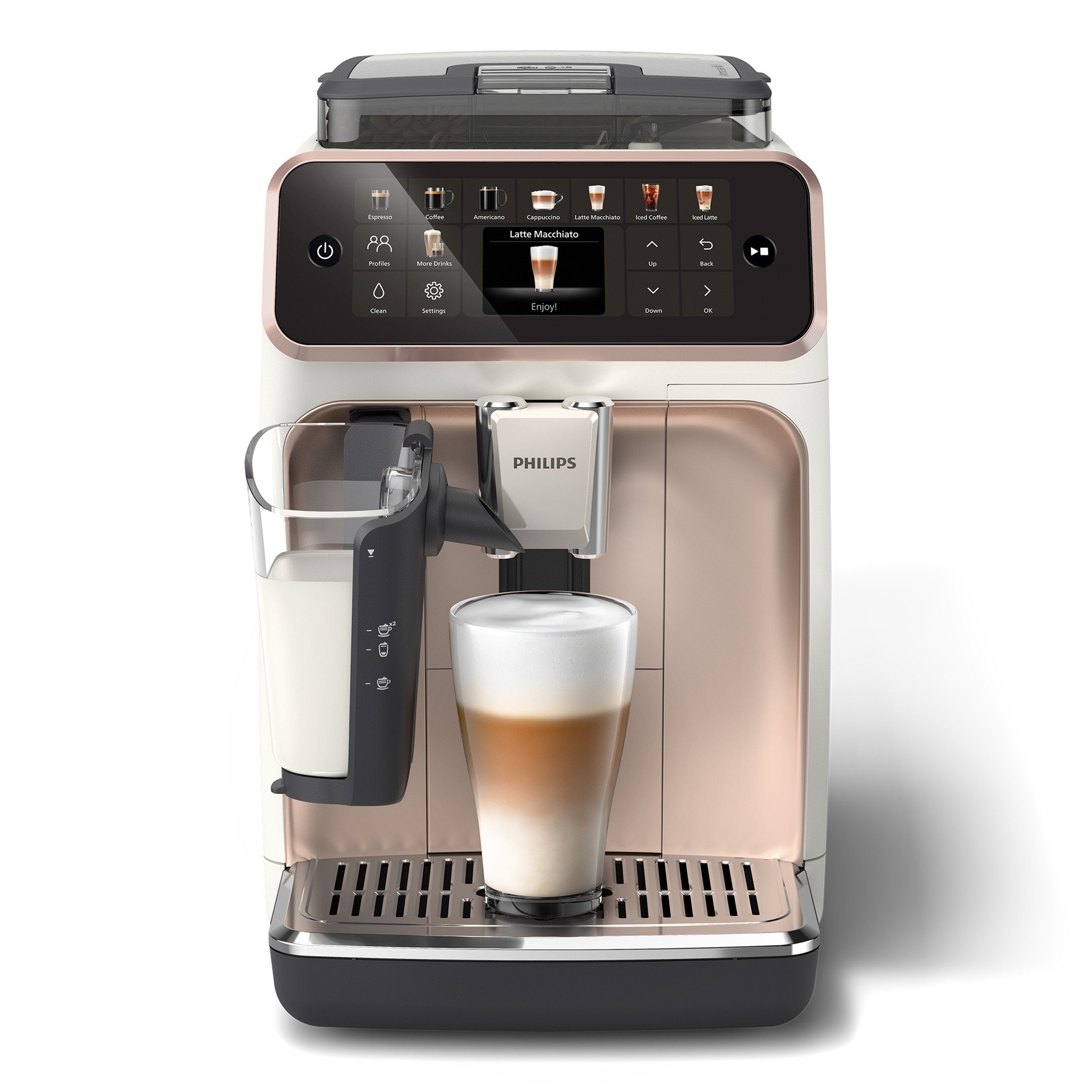 Philips Kaffeevollautomat EP5543/80 5500 Series, 20 Kaffeespezialitäten (heiß oder eisgekühlt), Rosé-Weiß, LatteGo-Milchsystem, SilentBrew Technologie
