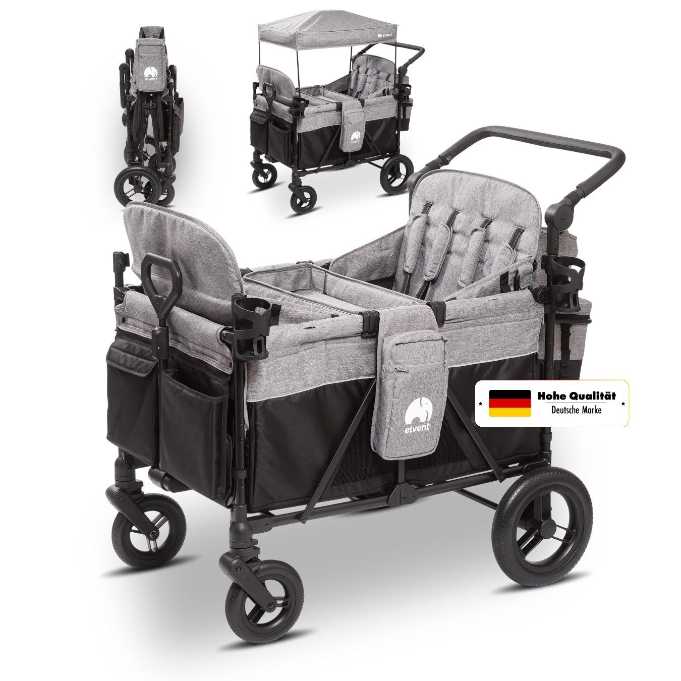 elvent Bollerwagen ComfortPlus 4, Kompakt faltbar, Für bis zu 4 Kinder, Ideal für Familien-Abenteuer