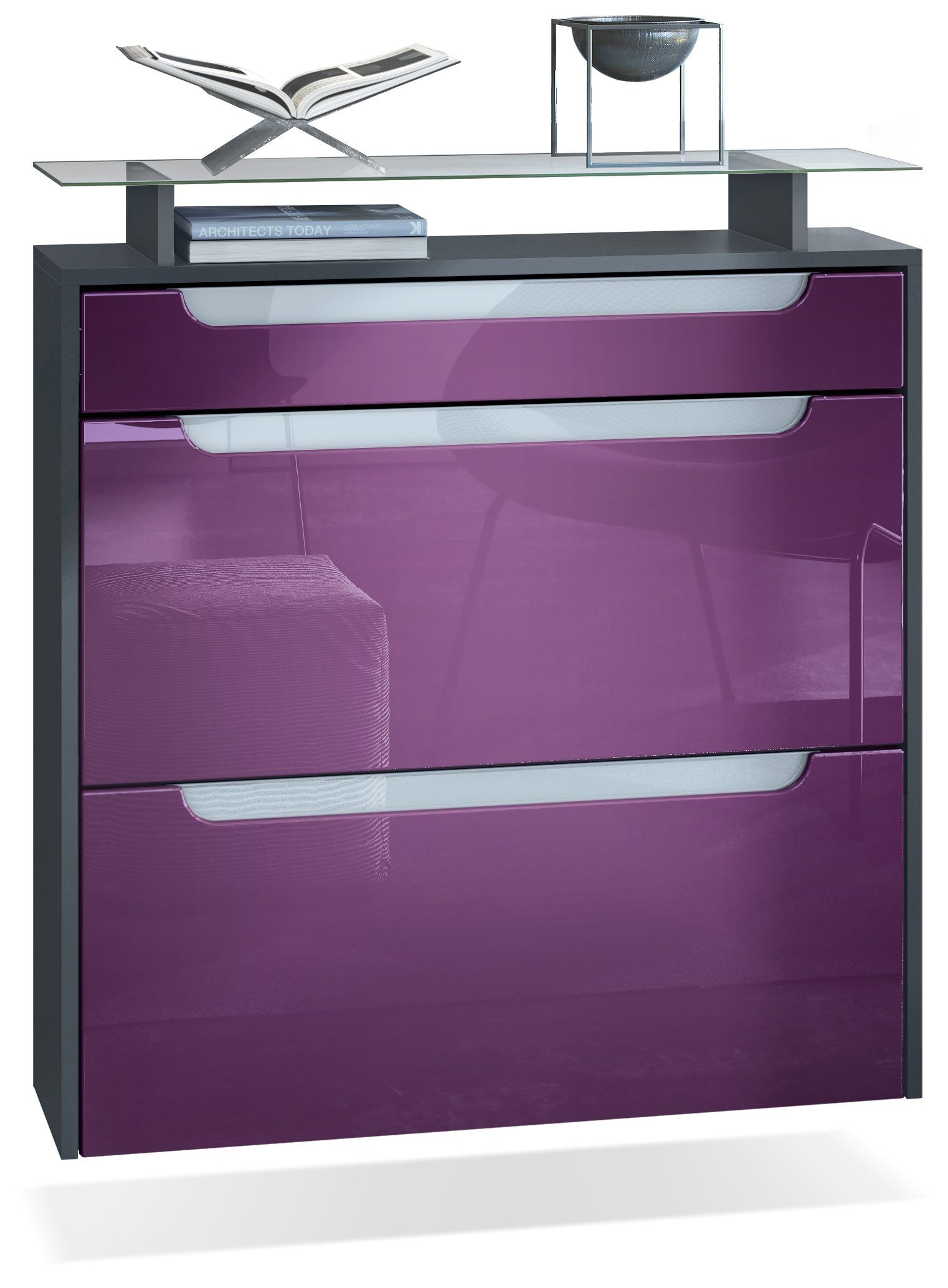 Vladon Schuhschrank Annie (Schuhkipper für 16 Paar Schuhe, mit 2 Klappen, Schublade und Glasablage) Anthrazit matt/ Brombeer glänzend/Weiß glänzend (89x96x23 cm)
