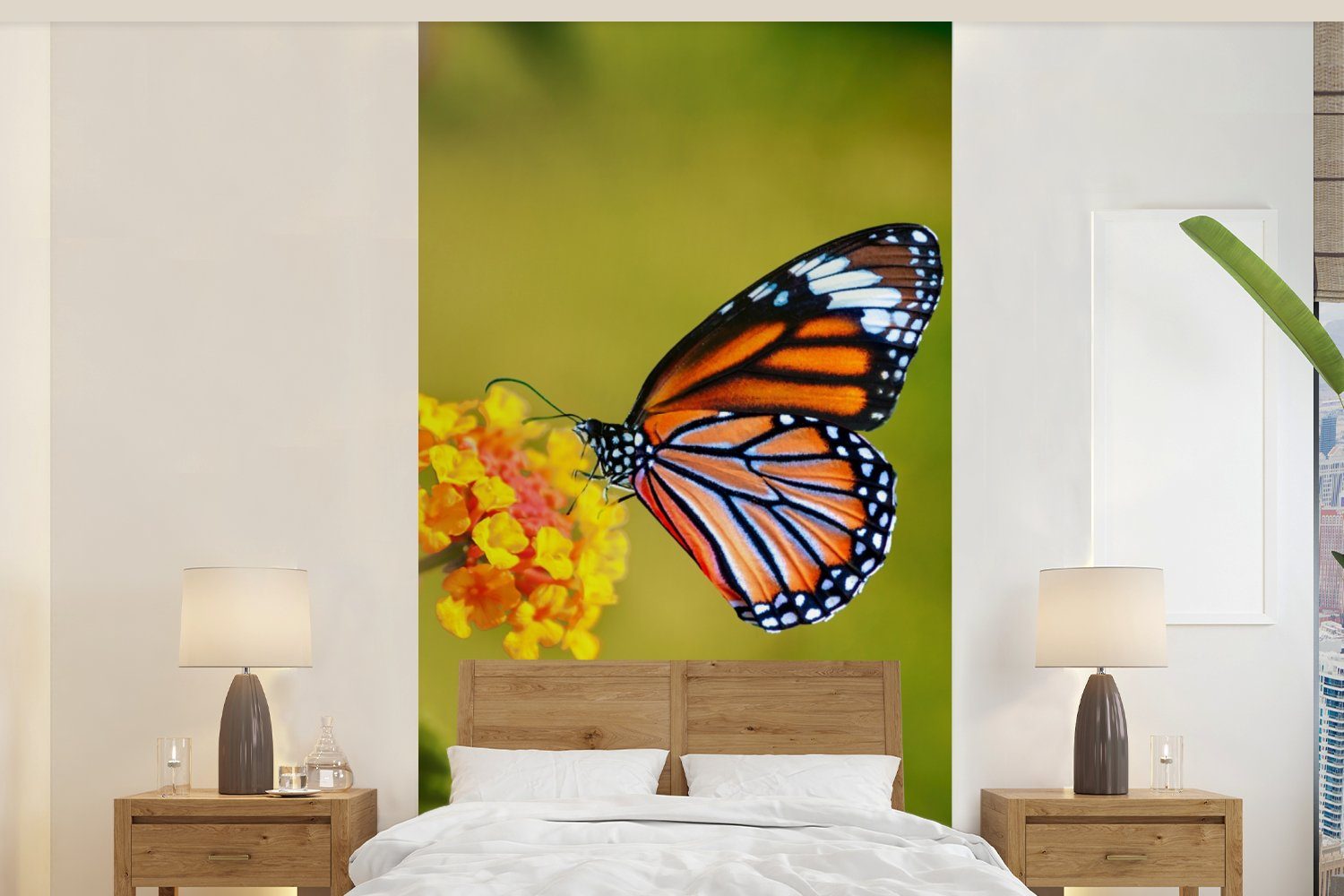 MuchoWow Fototapete Schmetterling - Insekten - Blumen - Gelb, Matt, bedruckt, (2 St), Vliestapete für Wohnzimmer Schlafzimmer Küche, Fototapete