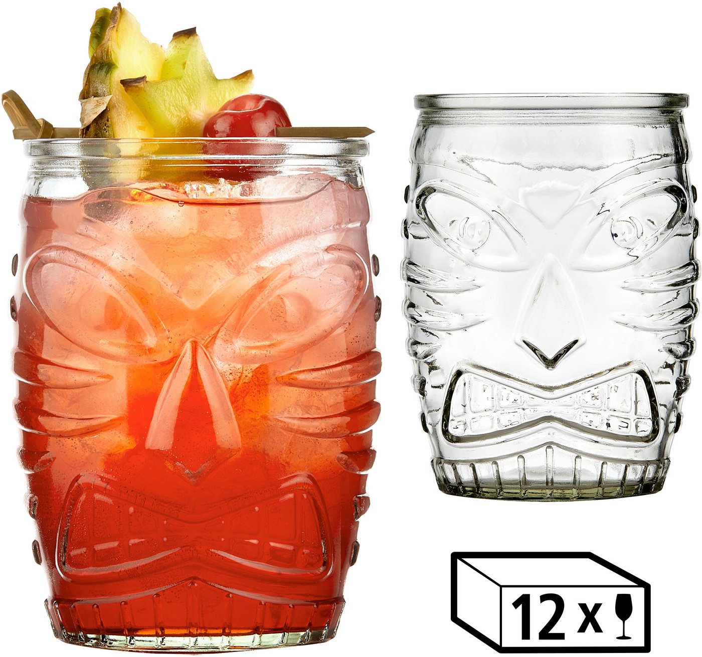 LIBBEY Cocktailglas Libbey Trinkglas, 12er Set -TIKI- von polynesischer Kunst inspiriert, 12-tlg., Glas, 473 ml, hochwertig verarbeitet, im charakteristischen Design