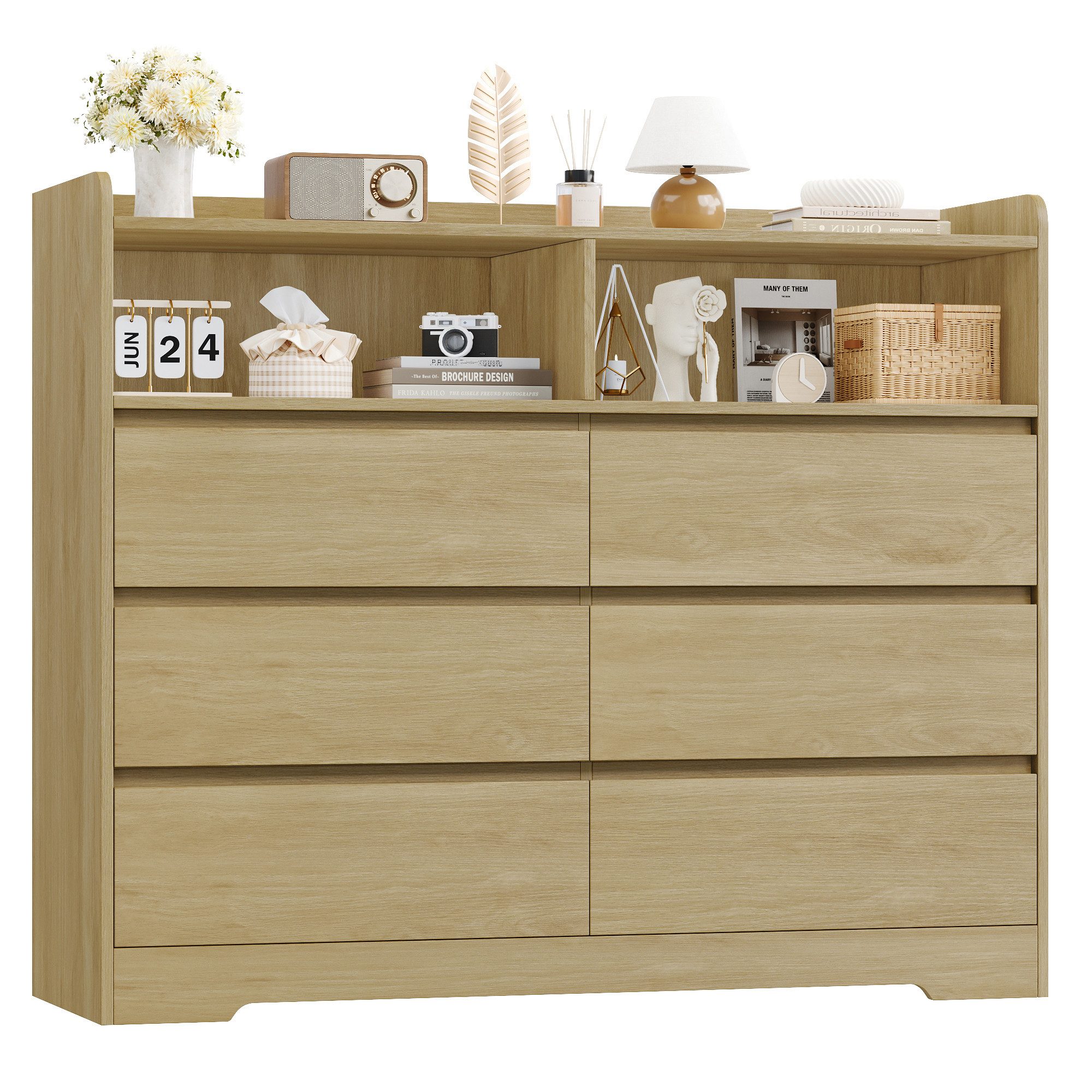Homfa Kommode Sideboard Komodenschrank, mit 6 Schubladen und 2 offenen Fächern, Breite 120cm Höhe 100cm