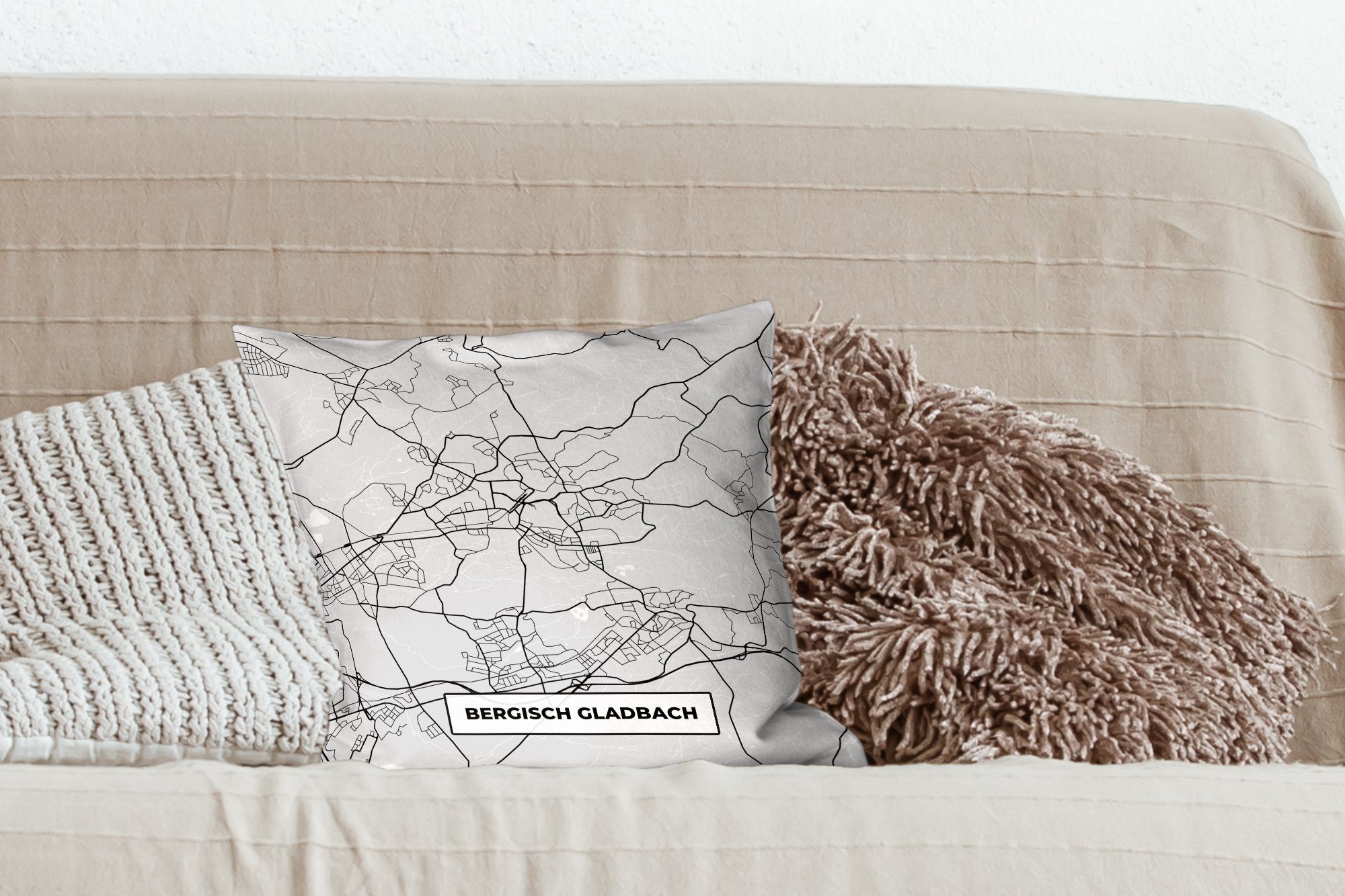 - Wohzimmer, Deutschland - Deko, mit Füllung Karte Sofakissen Stadtplan MuchoWow für Dekokissen Schlafzimmer, - Bergisch Gladbach, Zierkissen