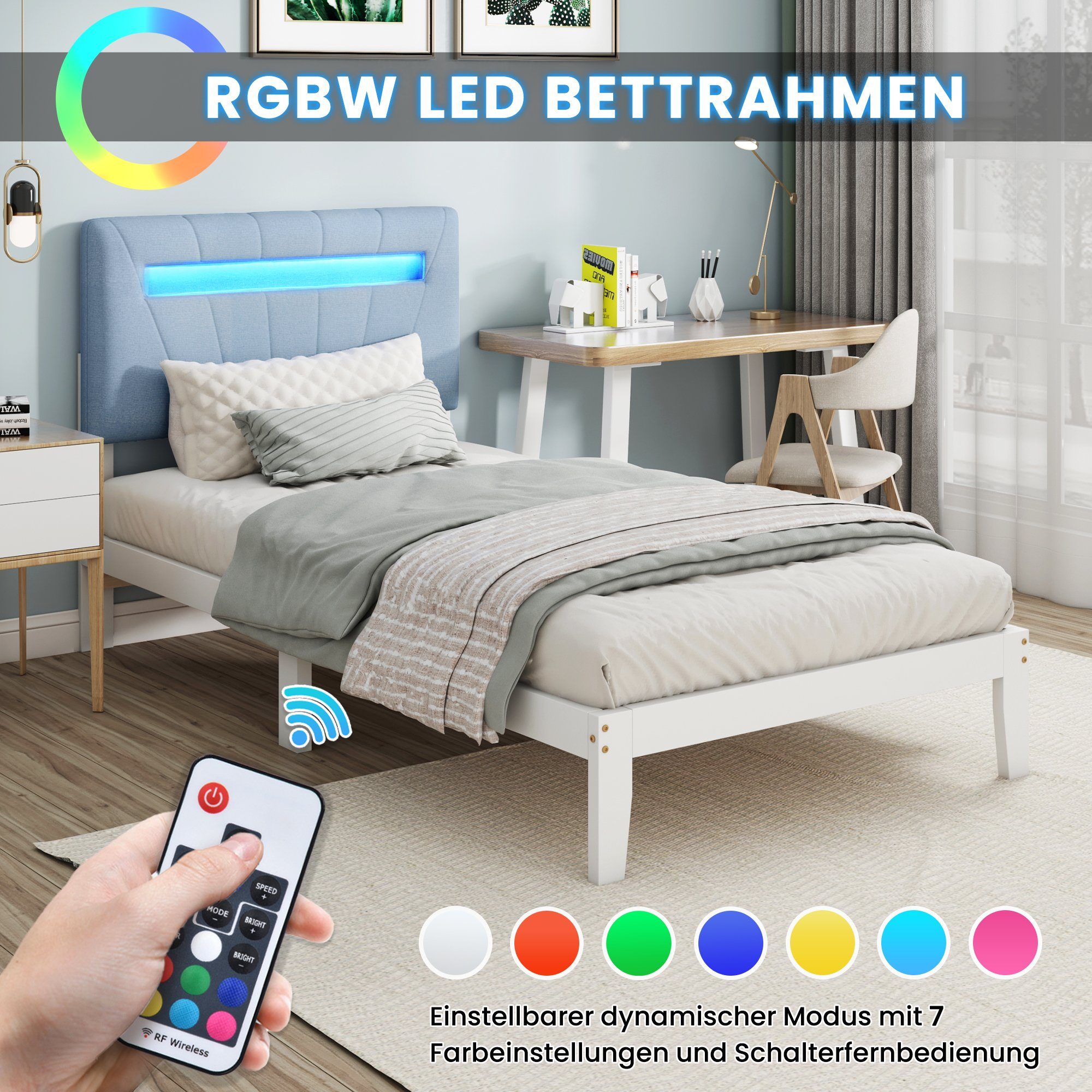 Massivholzbett (Einzelbett Jugendbett), mit LED-Beleuchtung & Polsterkopfteil, 90x200cm