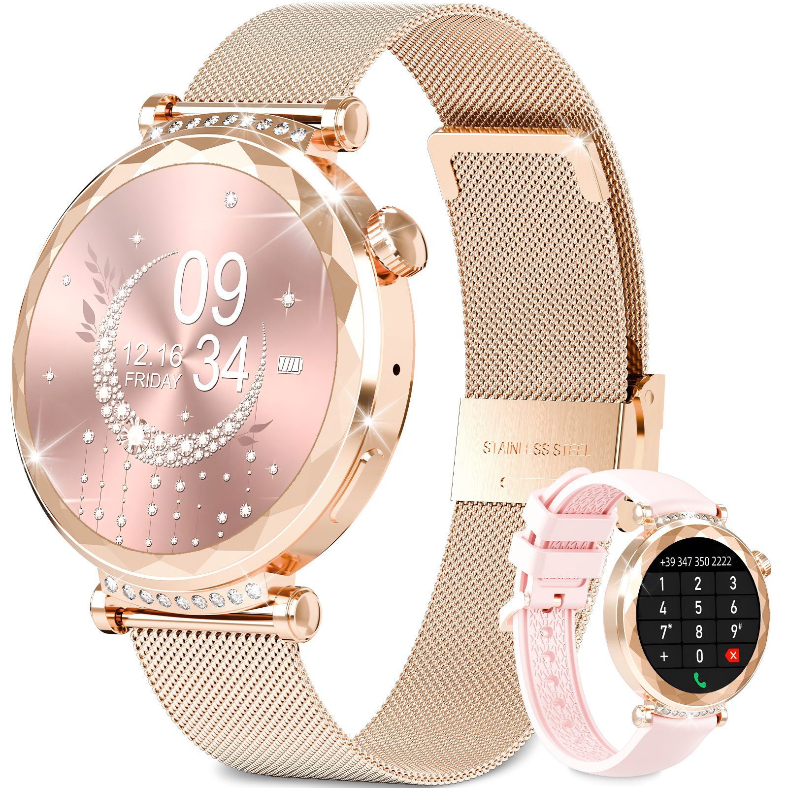 Yuede AMOLED SmartWatch Damen, Neueste Fitness Uhr mit Anrufe und SMS Smartwatch (Kratzfestes 1,19-Zoll AMOLED Ultra HD-Farbdisplay cm) Zwei Armbänder, Ultra High Quality Exquisite Damenuhr. Bluetooth 5.3 Sport uhr, IP67 wasserdicht Fitness Tracker Damen. Gesundheits Uhr mit Schrittzähler, Blutdruckmessung, Herzfrequenz und Blutsauerstoff, Schlafüberwachung. SANAG Bluetooth 5.3 Kopfhörer mit Aktive Rauschunterdrückung(ANC) Combo., verfügbar für Android 4.4+ / iOS 10.0+