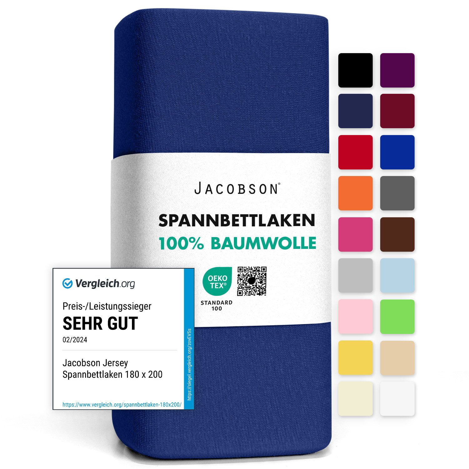 Jacobson Spannbettlaken aus 100% Baumwolle, Jersey Bettlaken 160 g/m², Spannbetttuch mit Gummizug, pflegeleicht & viele Farben