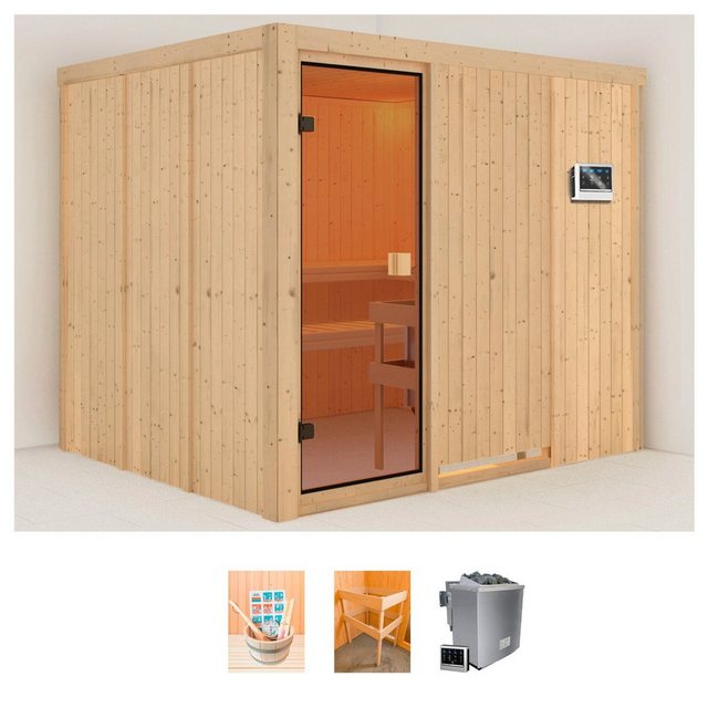 welltime Sauna »Nadima«, BxTxH 231 x 196 x 198 cm, 68 mm, (Set) 9 kW Bio Ofen mit ext. Steuerung, mit 6 tlg. Zubehörset  - Onlineshop Otto
