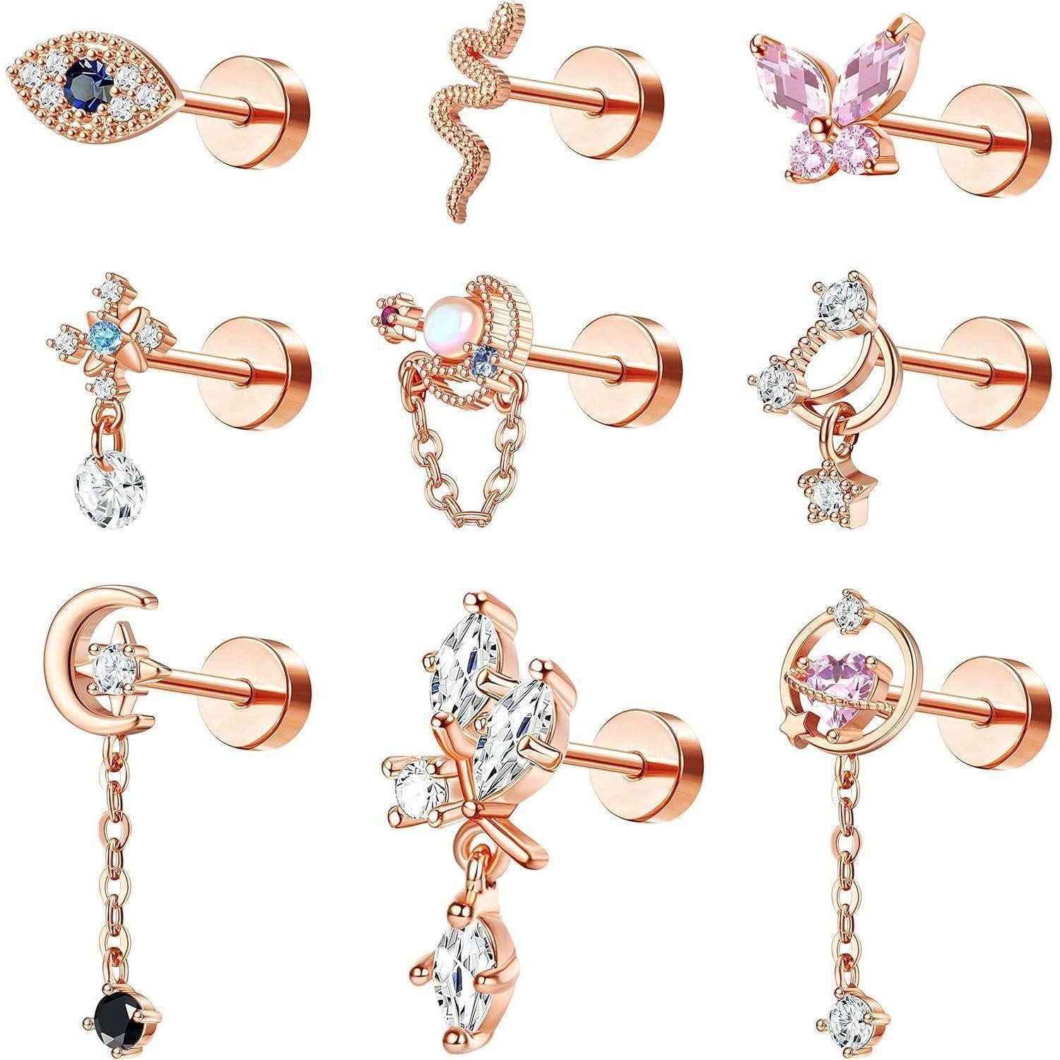 Kakonia Piercing-Set 9 Stück 16G Helix Piercings Damen Chirurgenstahl Schmetterling Tragus