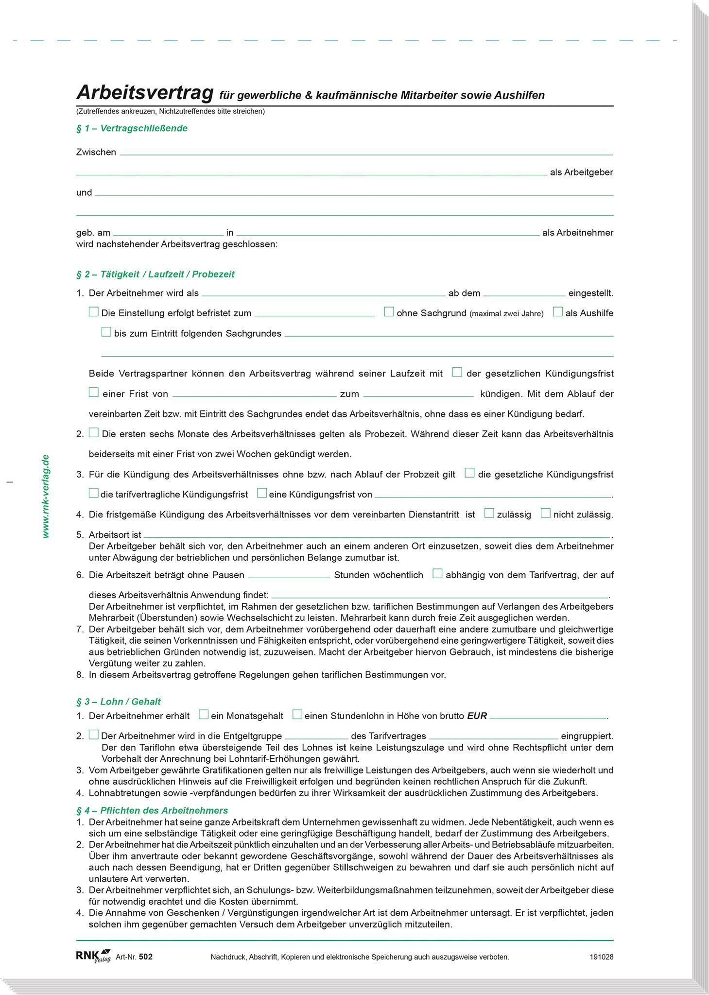 RNK Formularblock RNK Arbeitsvertrag A4 2Bl 10St gewerblich, kaufmännisch, Aushilfen
