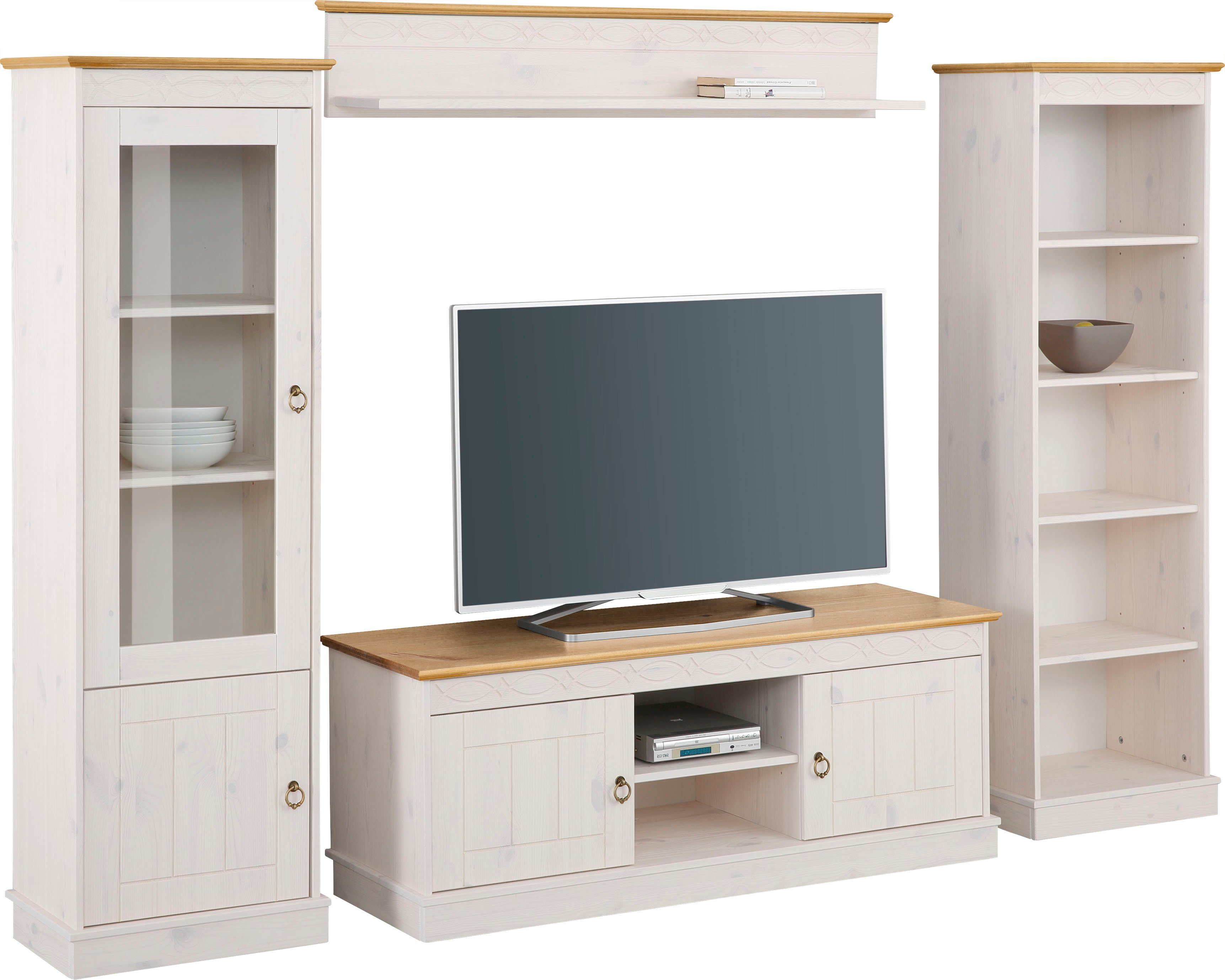 OTTO home Wohnwand Indra, (Set, 4-St), 4-teiliges Set: Vitrine, Lowboard, Wand- & Standregal, Kiefer massiv