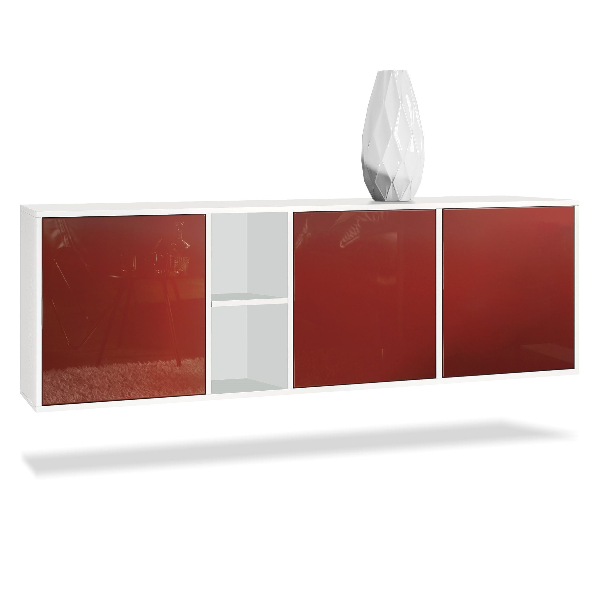 Vladon Sideboard Cuba (Kommode, mit 3 Двери und 2 offene Fächer), Weiß matt/Bordeaux Hochglanz (182 x 53 x 35 cm)