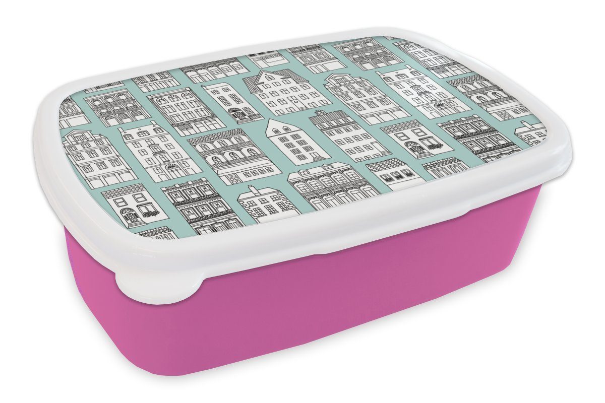 MuchoWow Lunchbox Muster - Haus - Skyline, Kunststoff, (2-tlg), Brotbox für Erwachsene, Brotdose Kinder, Snackbox, Mädchen, Kunststoff rosa