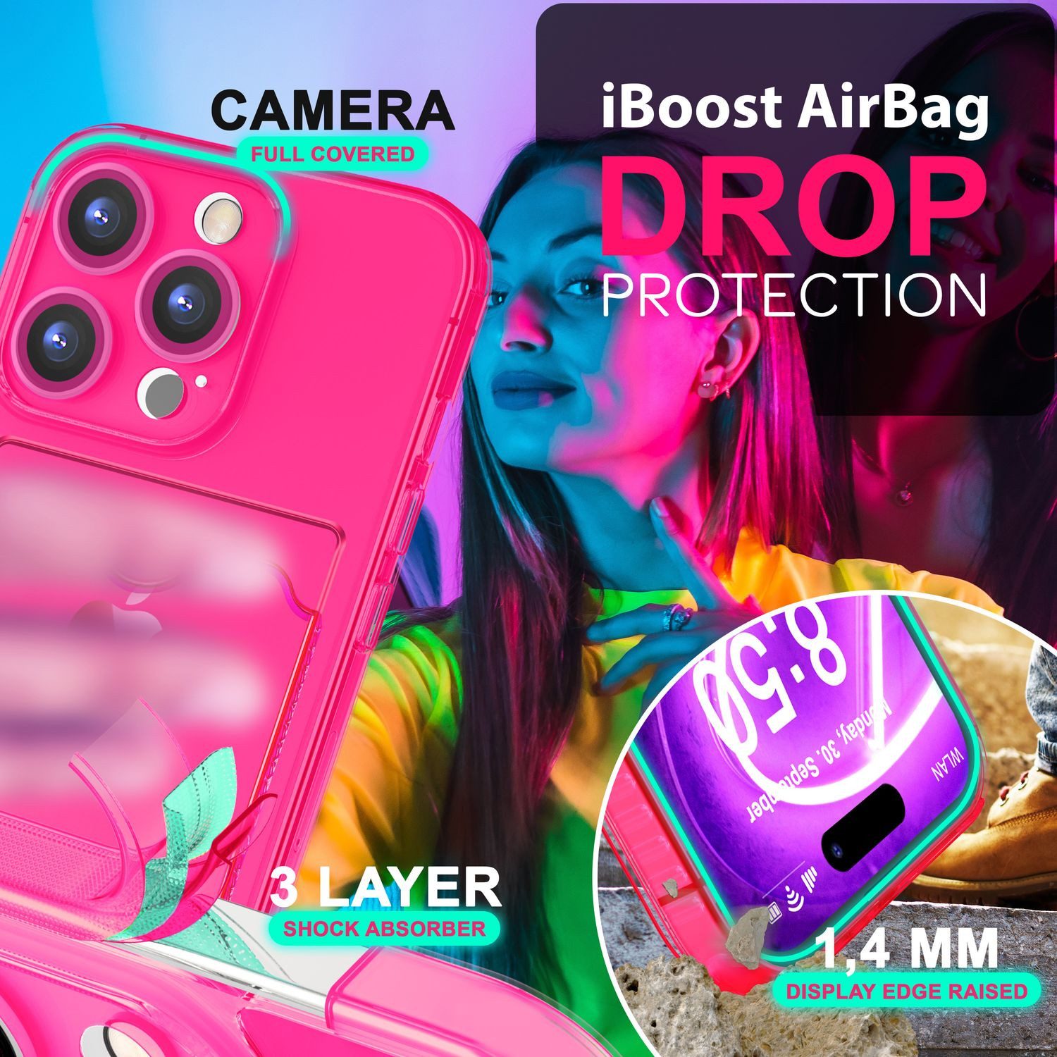 Nalia Smartphone-Hülle Apple iPhone 16 Pro 16 cm (6,3 Zoll), Klare Neon Silikon Hülle mit Kartenfach / Durchsichtig Bunt Leuchtend