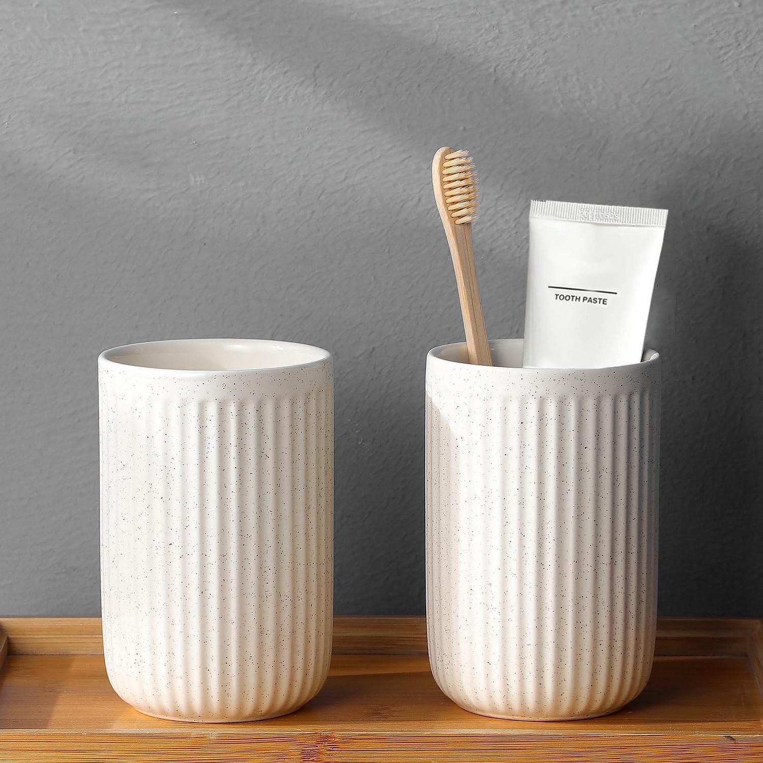 LuxusKollektion Zahnbürstenhalter Zahnputzbecher Keramik Set 2er Beige, (2-St)
