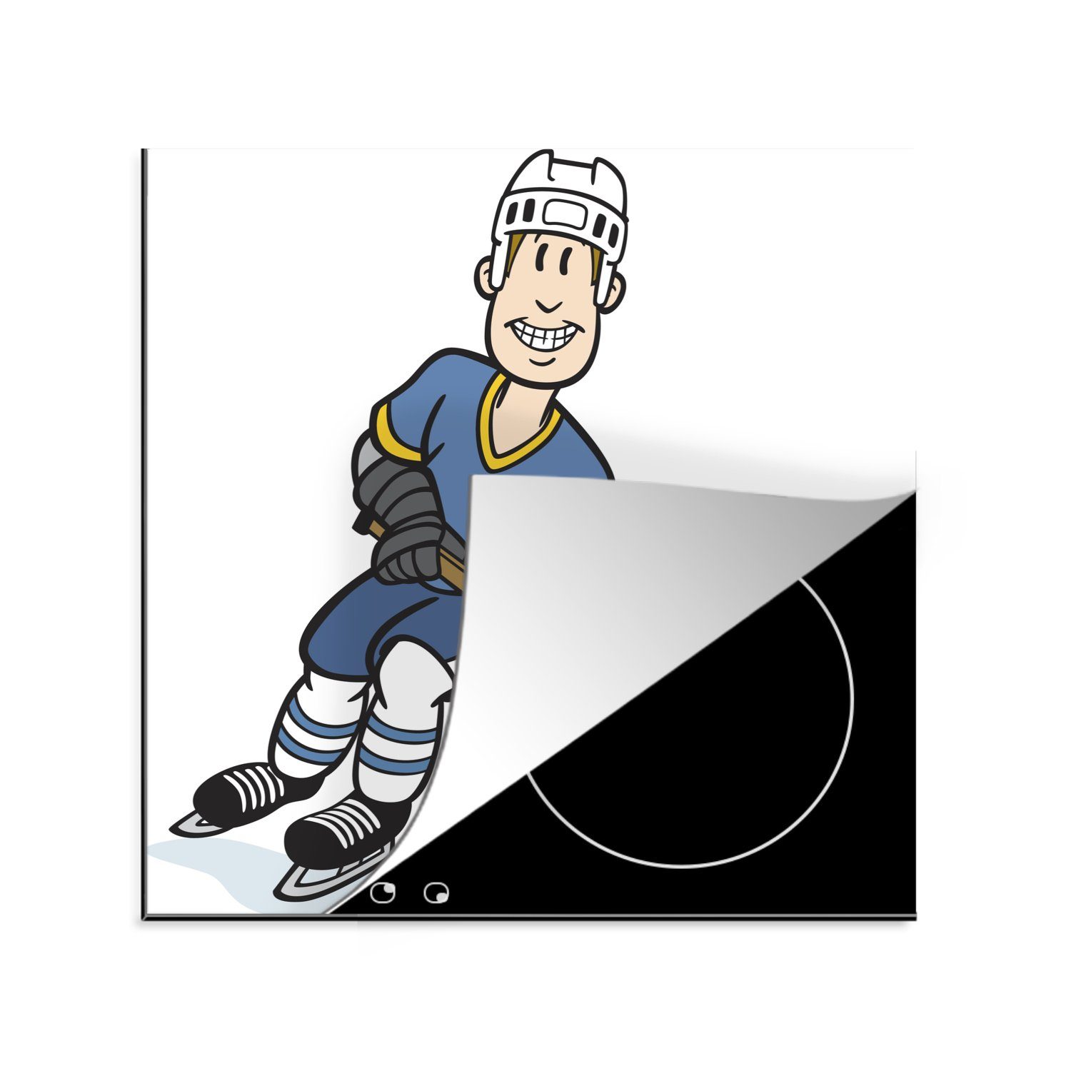 MuchoWow Herdblende-/Abdeckplatte Ein Eishockeyspieler mit einem blauen Hemd gibt den Puck in einer, Vinyl, (1 tlg), 78x78 cm, Ceranfeldabdeckung, Arbeitsplatte für küche