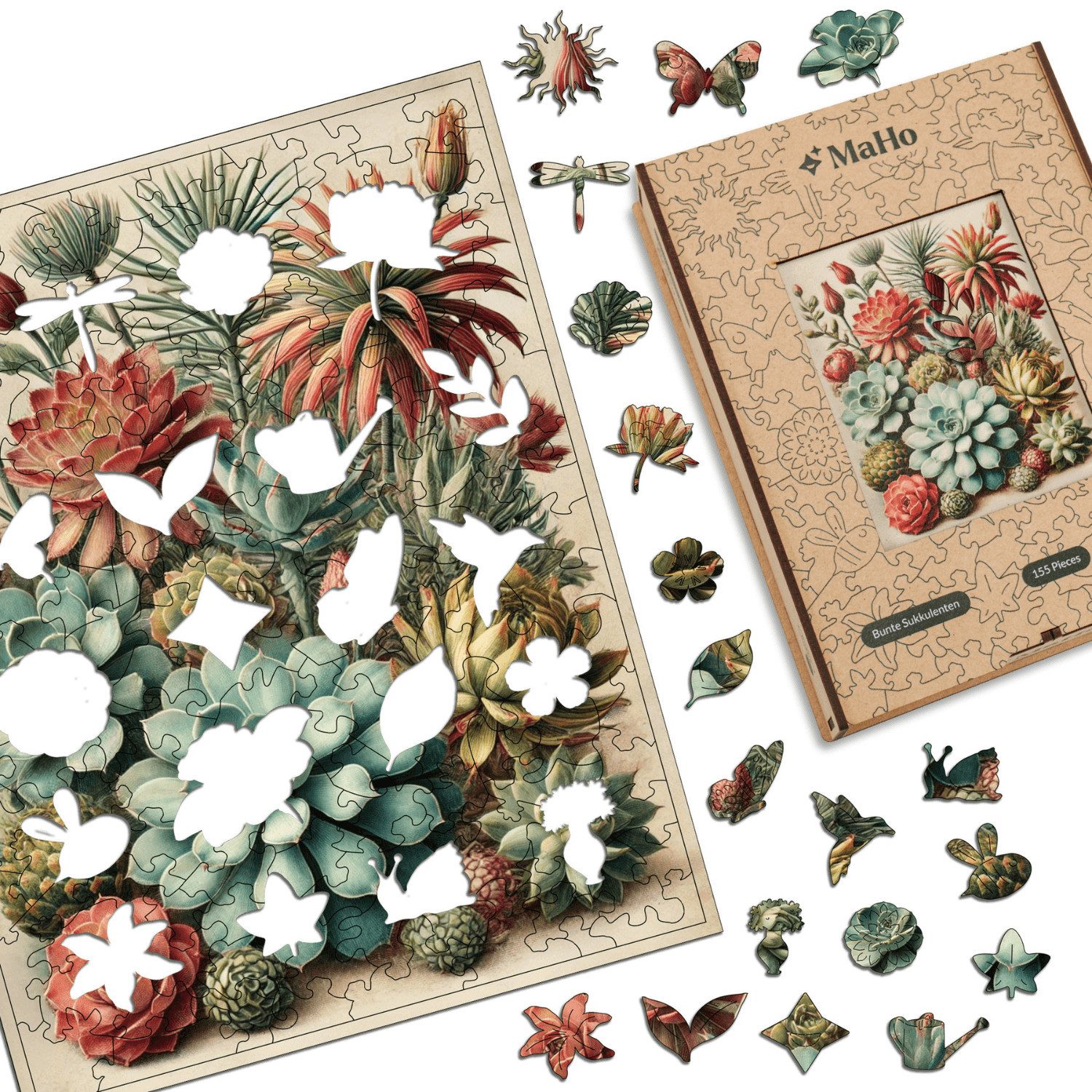 MagicHolz Puzzle MagicHolz Bunte Sukkulenten Holzpuzzle, 155 Puzzleteile