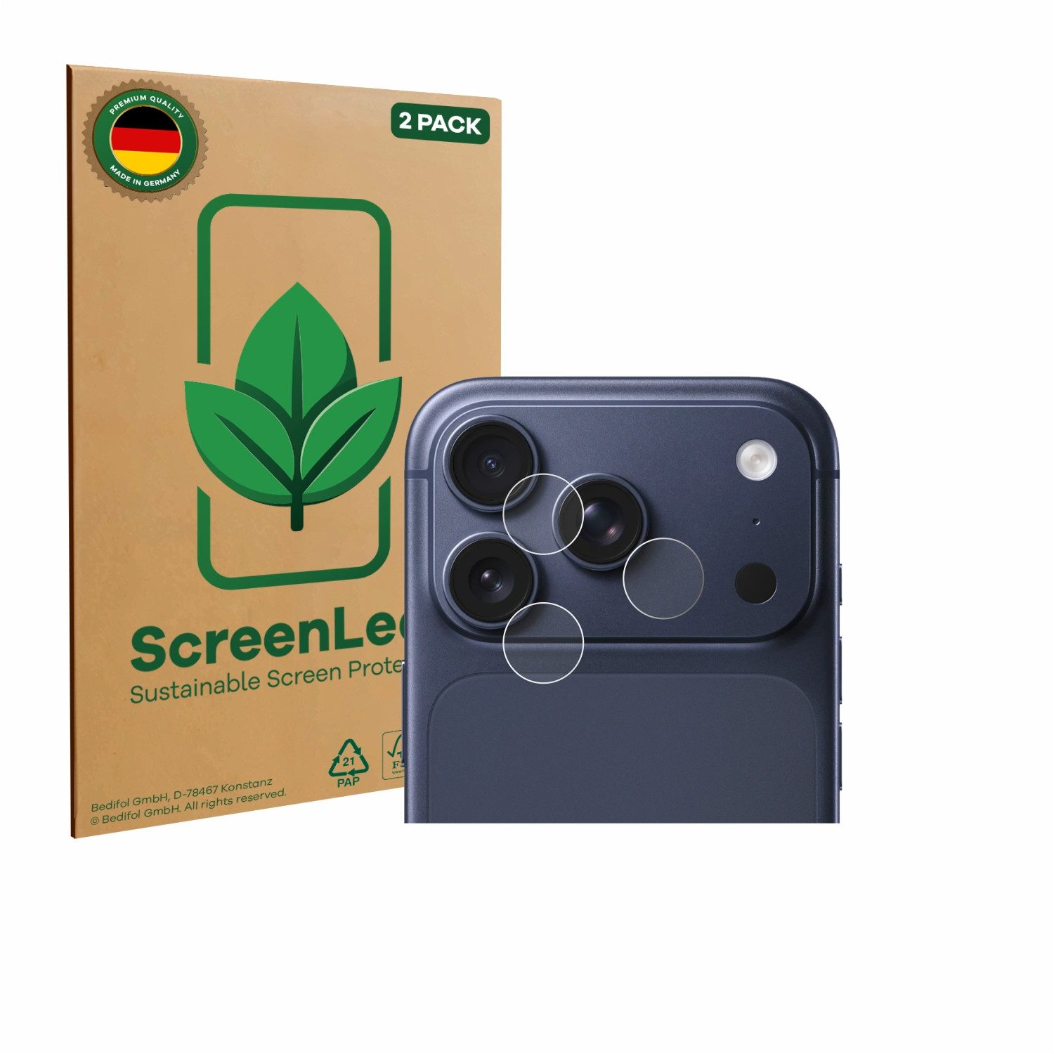 ScreenLeaf Displayschutzfolie Schutzfolie für Apple iPhone 17 Pro (NUR Kameraschutz), 2 Stück, nachhaltiger Displayschutz Schutz Folie Klar Transparent