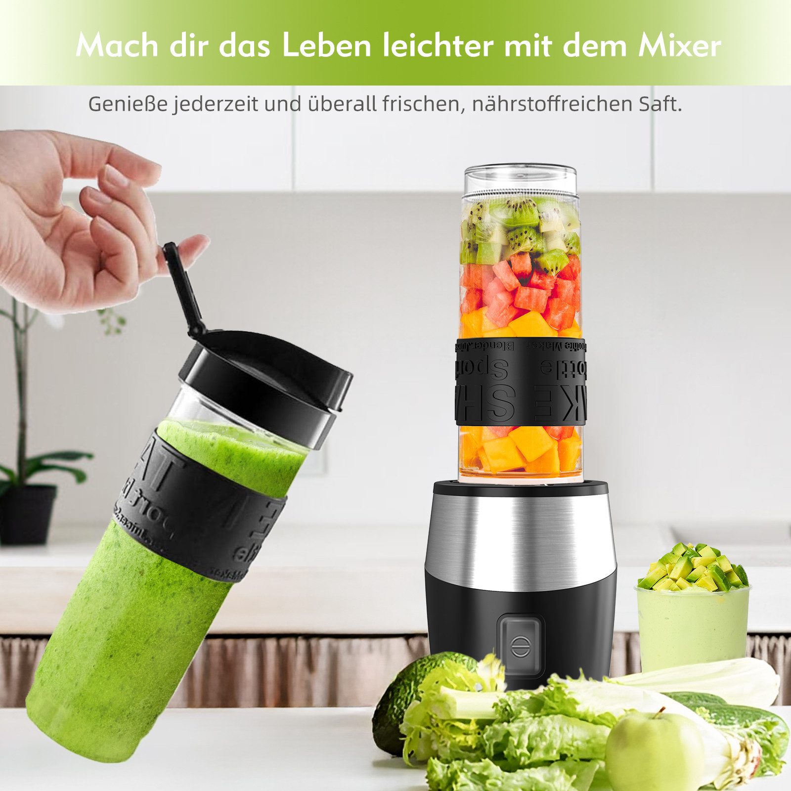 Fofile Standmixer 3-in-1 Mixer Smoothie Maker Zerkleinerer & Mühle mit Tragbarer Becher, 700 W, 24.000 U/min, 4 scharfen Edelstahlmessern, Ein-Knopf-Bedienung