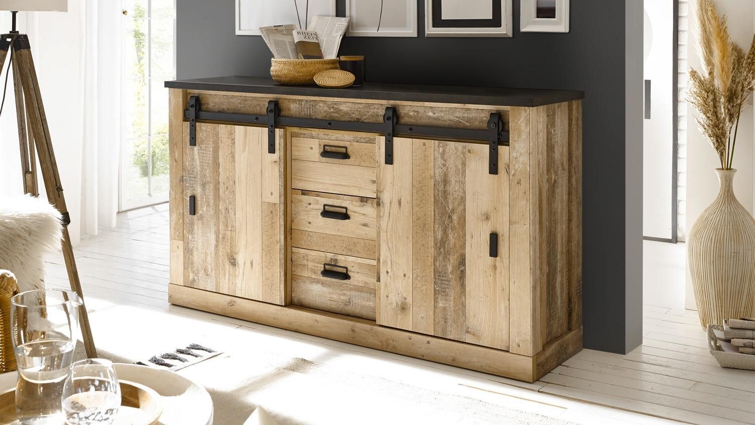 IMV Sideboard Sideboard Sherwood 53 Old Style hell anthrazit mit soft-close 162 cm