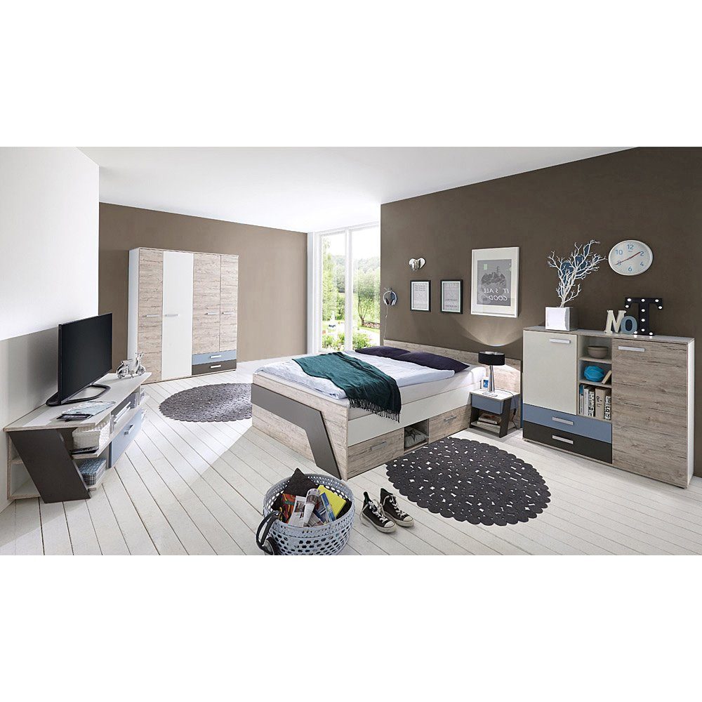 Lomadox Jugendzimmer-Set LEEDS-10, (Sparset, 5-tlg), Sandeiche Nb. mit weiß Lava und Denim Blau