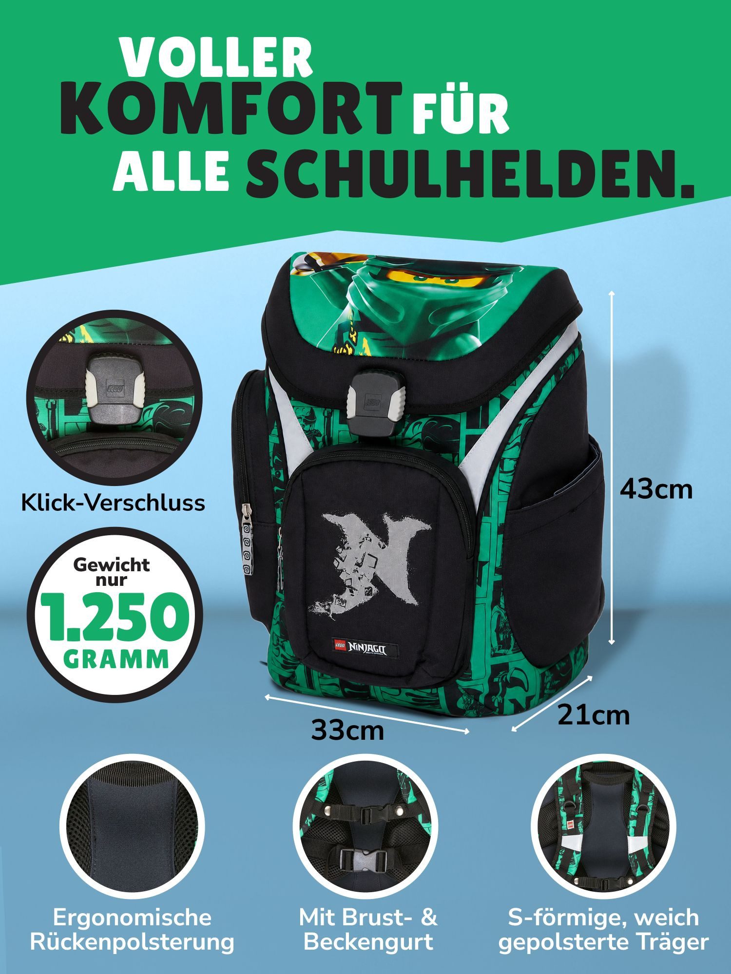 LEGO® Bags Schulranzen Explorer Lego Ninjago Schultasche ab der 1. Klasse (Set, 6-tlg., mit Federmäppchen, Schlamper, Geldbeutel & Turnbeutel), ergonomisch; mit Hüft- & Brustgurt; grüner Ninja Lloyd