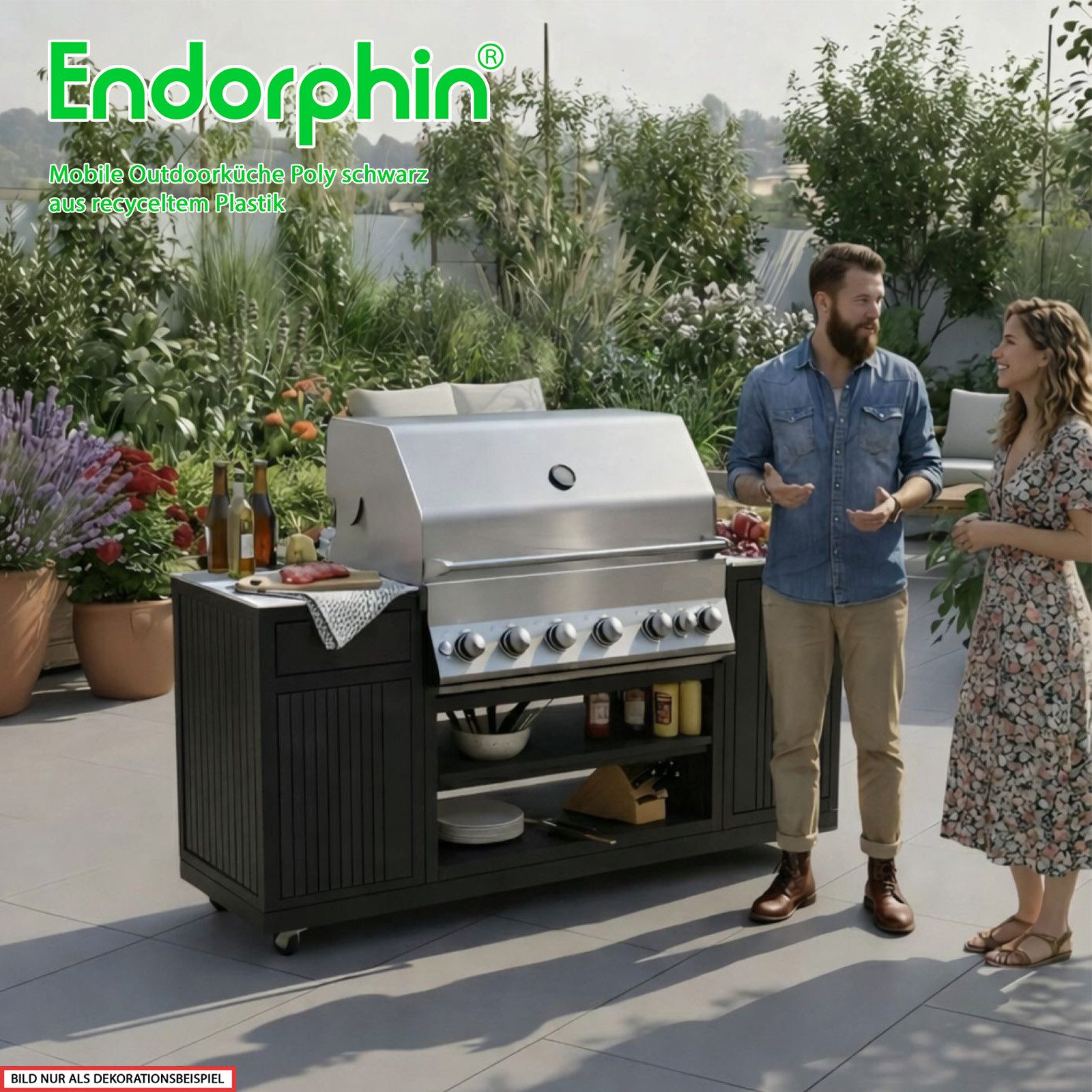 Endorphin Outdoor-Küche Poly Outdoorküche schwarz, inkl Merlin 641 Gasgrill, silber