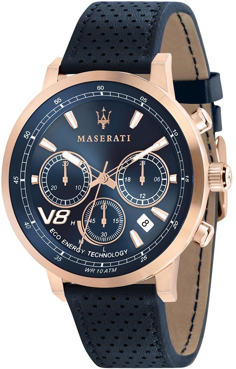 MASERATI Solaruhr Maserati Herren Uhr Solar GT Chrono, Herren Solaruhr,  groß (ca. 44mm), Lederarmband blau, Sport