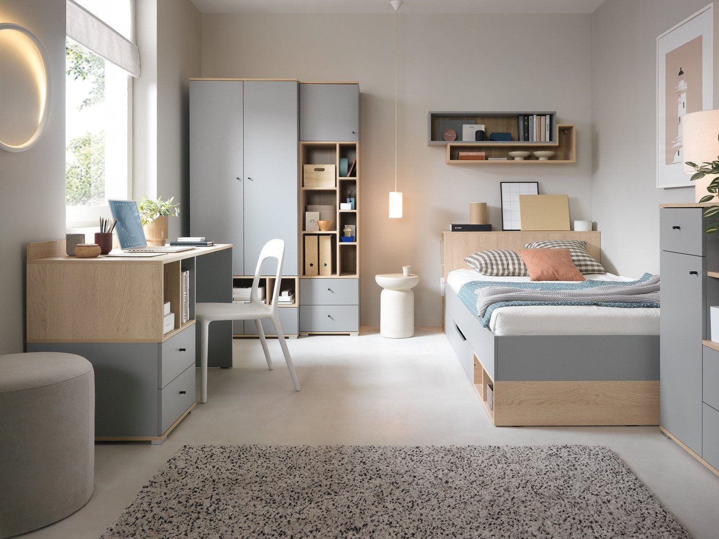 QMM TraumMöbel Jugendzimmer-Set komplett Oriel Set A, (Set, 5-tlg., Schrank, Regal, Schreibtisch, Bett 120x200, Wandregal)