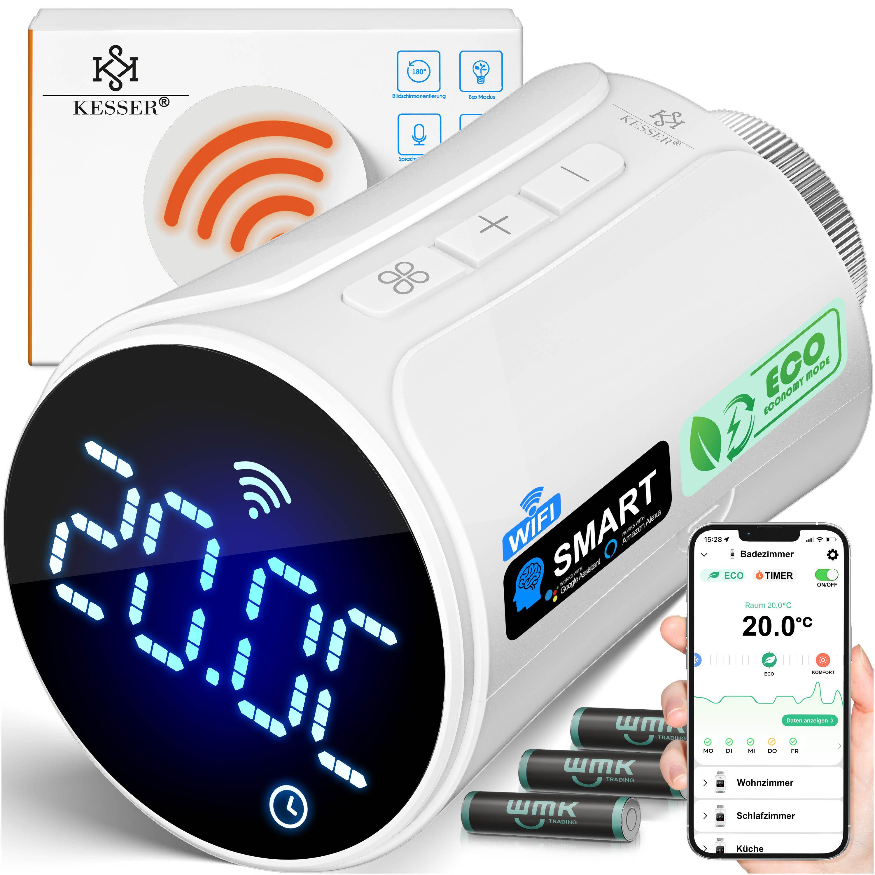 KESSER Heizkörperthermostat WLAN mit App & Sprachsteuerung, 2er Set, runde Bauform, für Alexa & Google Assistant