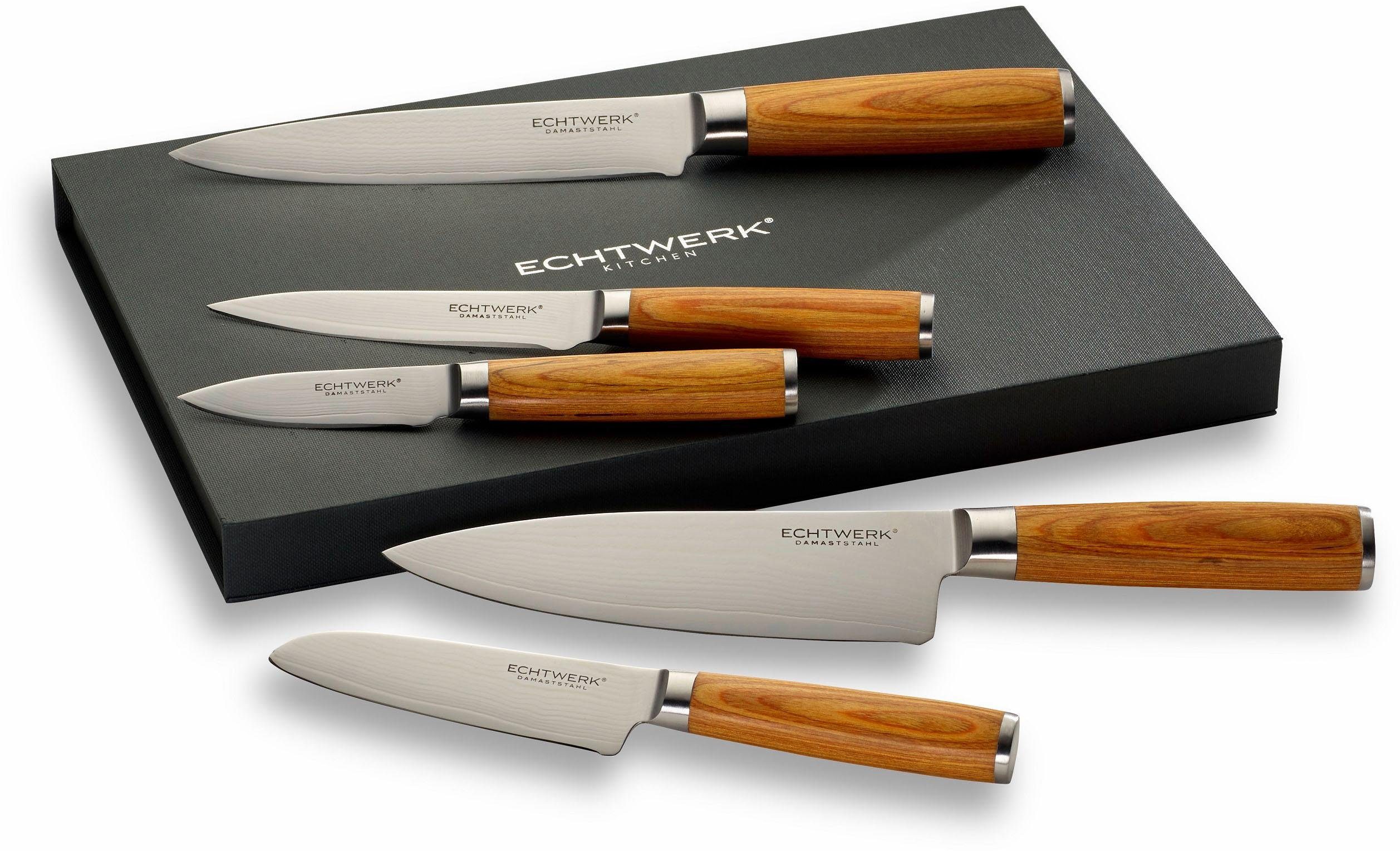 ECHTWERK Messer-Set Damaszener (Set, 5-tlg), Küchenmesser-Set mit Holzgriffen in natürlicher Optik