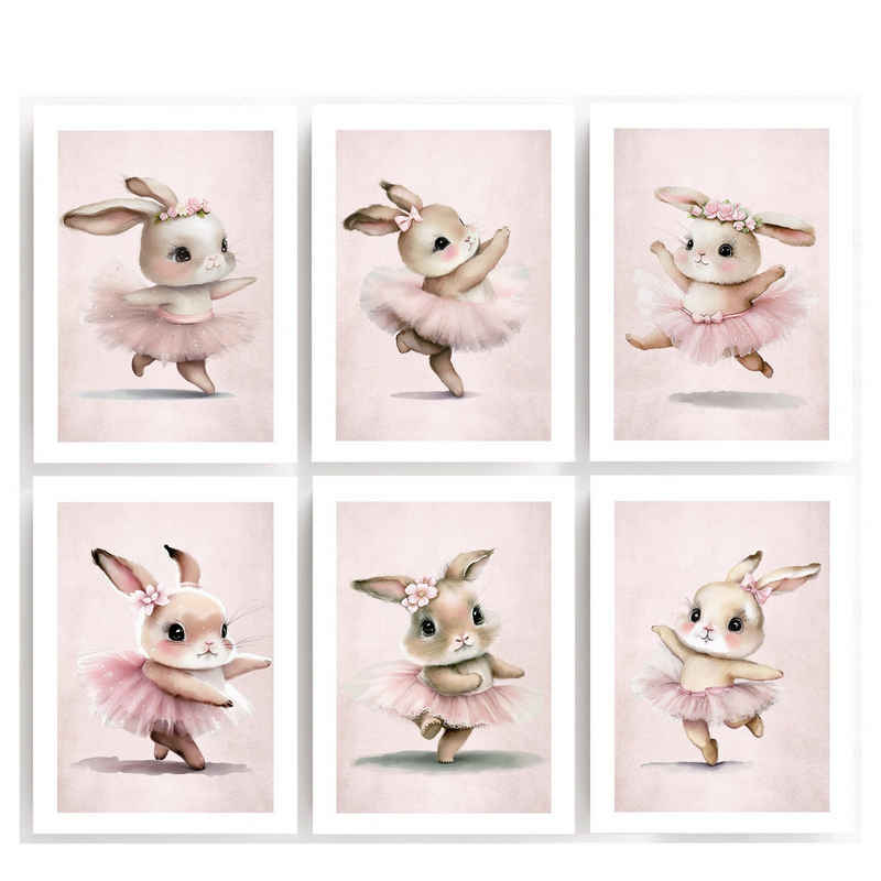 homestyle-accessoires Poster Wandbilder Bilderset Kinderbilder HASE BALLERINA TÄNZERIN 6er Set, Ohne Bilderrahmen