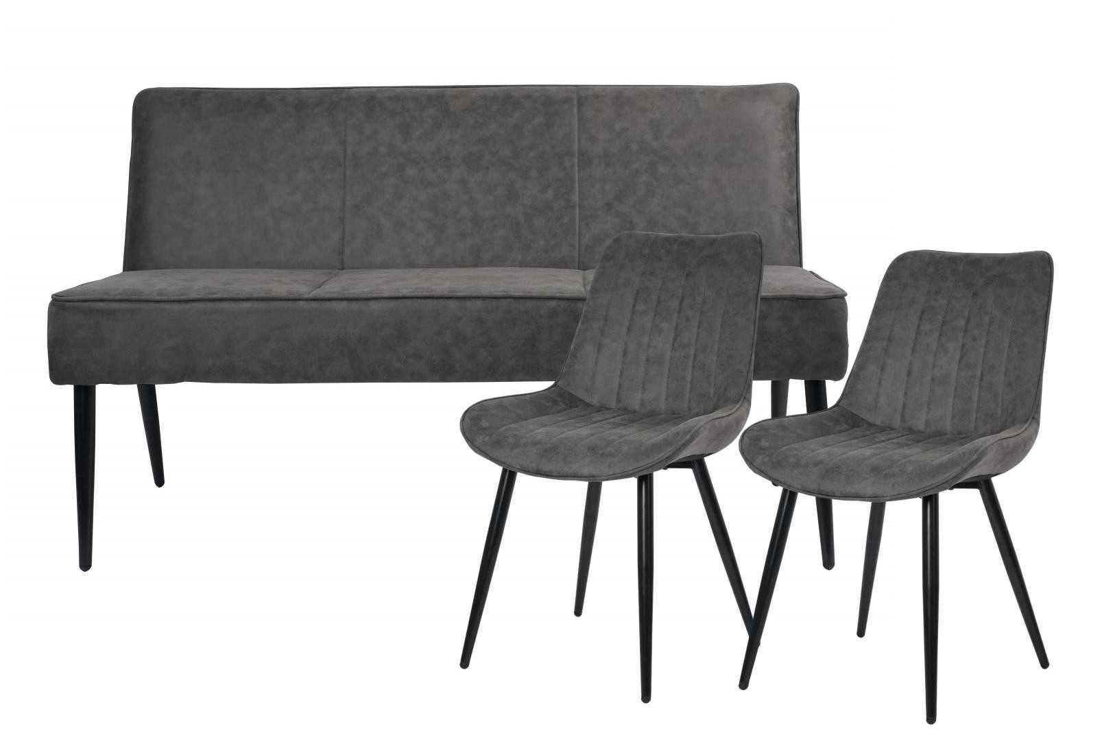 YOZI Essbank Sitzbank + Esszimmerstuhl Dunkelgrau Kunstleder Metallbeine schwarz (3-St)