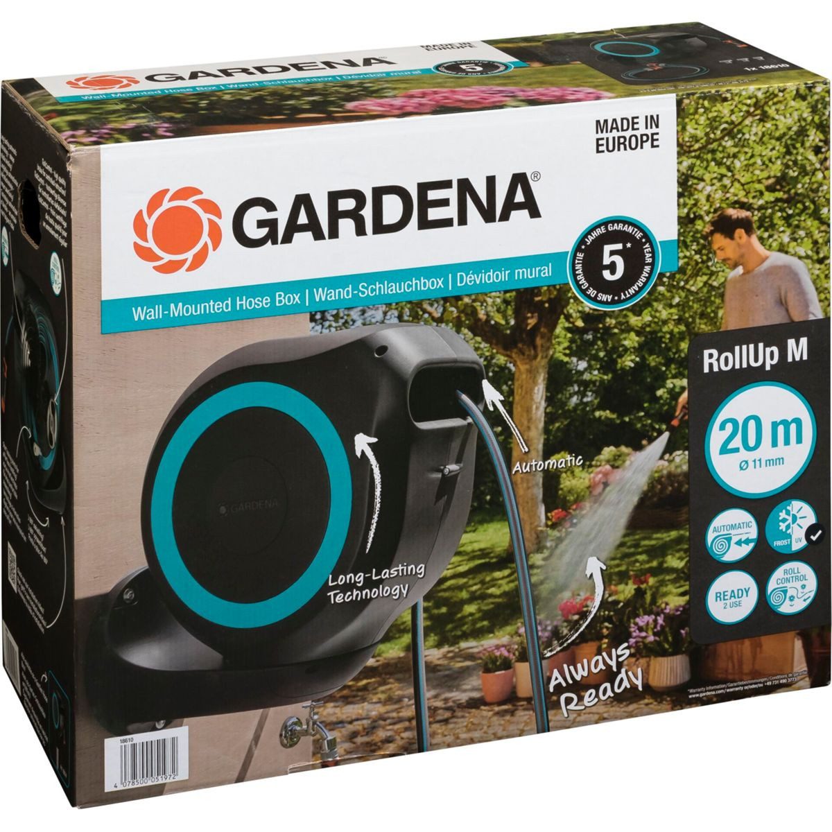 GARDENA Gartenschlauch Wand-Schlauchbox RollUp M (türkis) 20 m